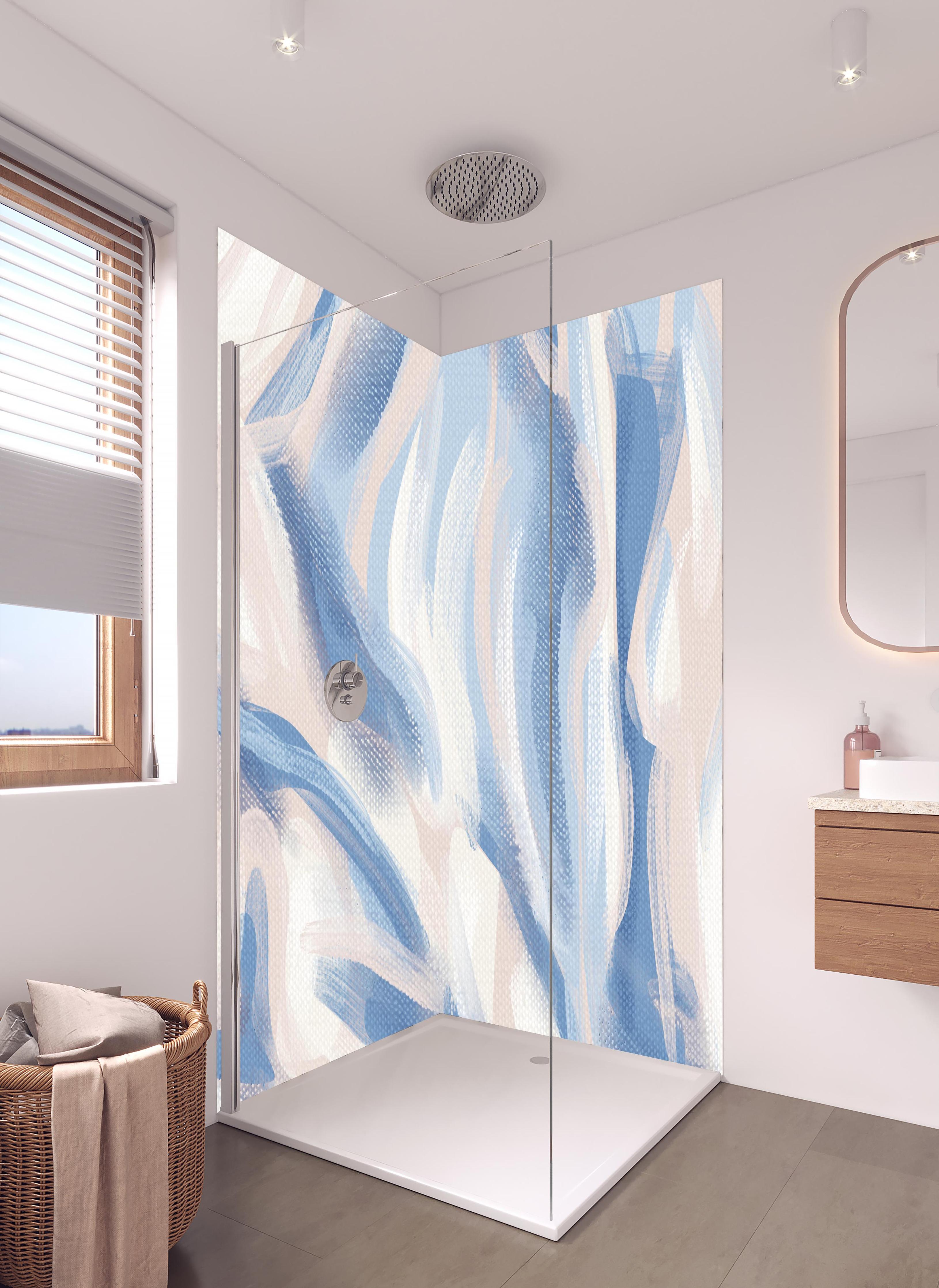 Duschrückwand - Beruhigende abstrakte Acryl-Kunstleinwand in hellem Badezimmer mit Regenduschkopf - zweiteilige Eck-Duschrückwand