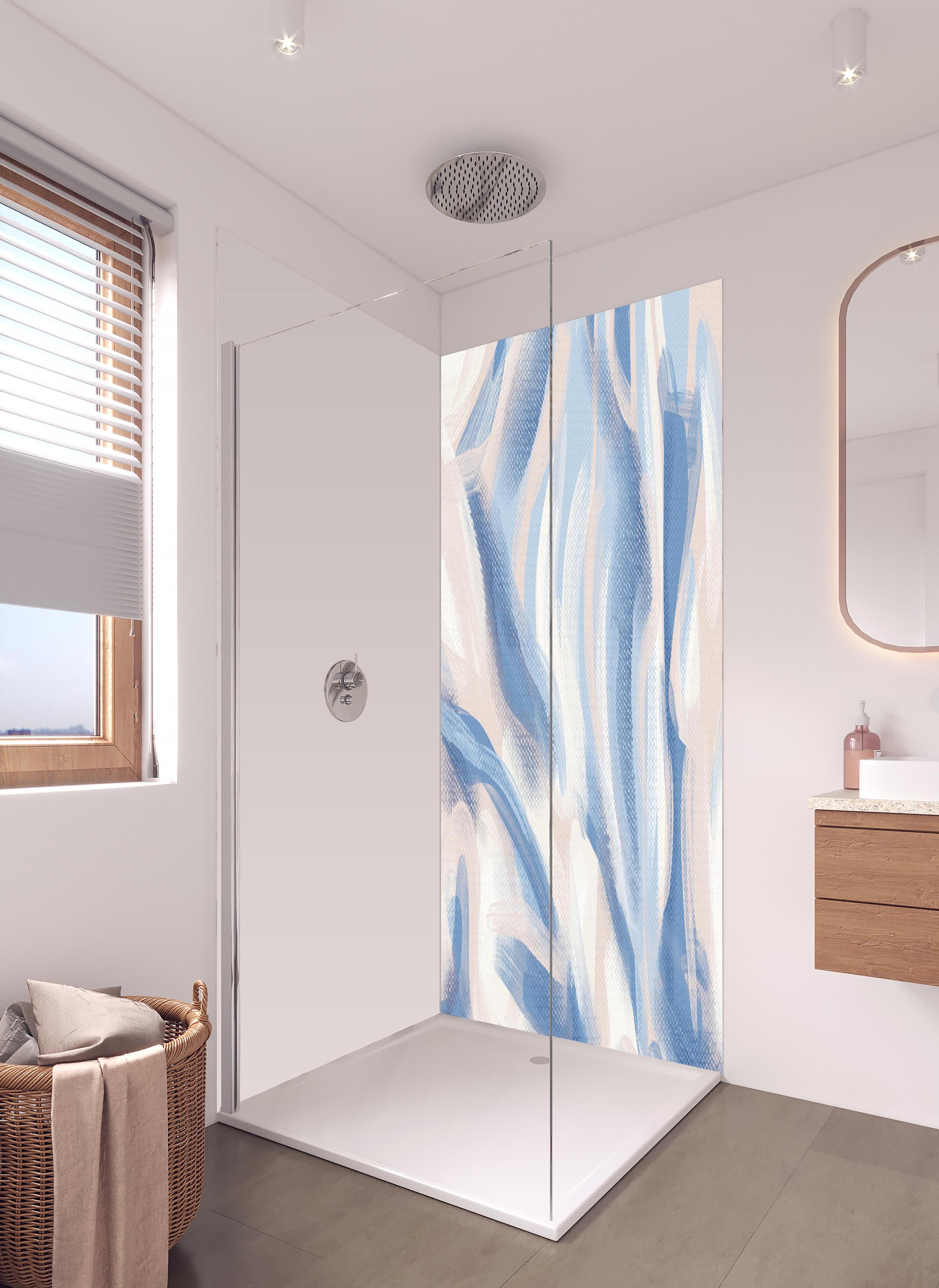 Duschrückwand - Beruhigende abstrakte Acryl-Kunstleinwand in hellem Badezimmer mit Regenduschkopf - zweiteilige Eck-Duschrückwand