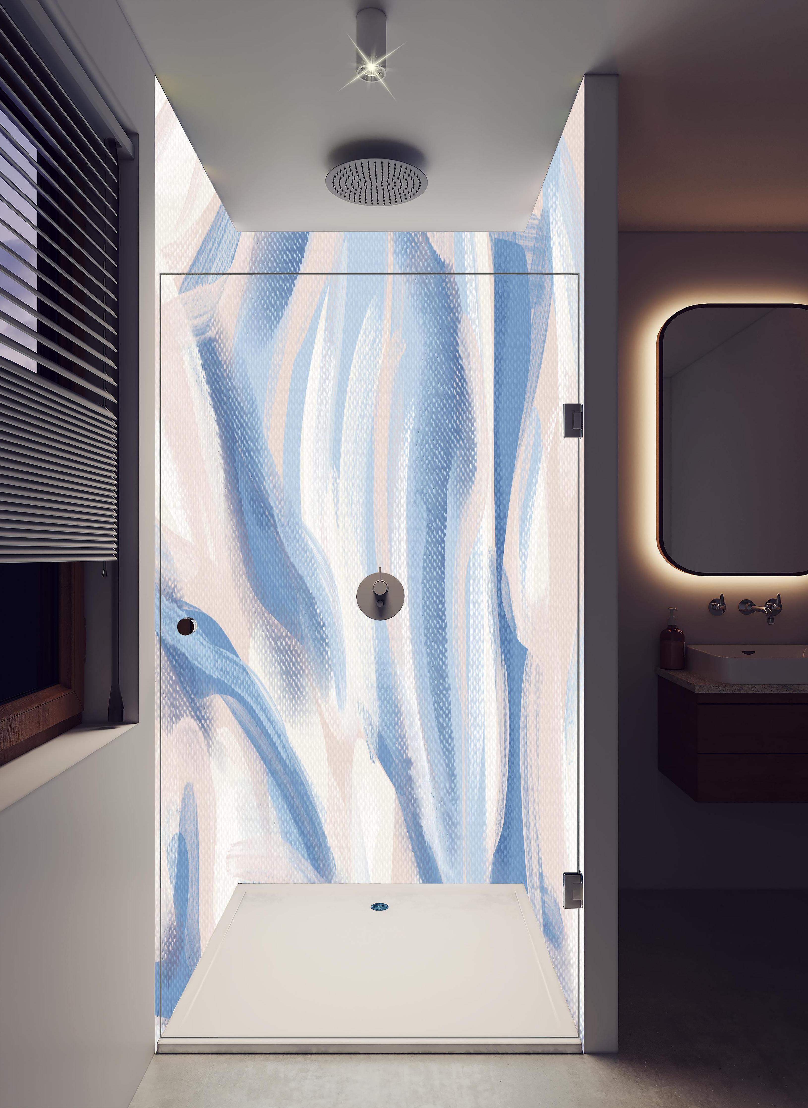 Duschrückwand - Beruhigende abstrakte Acryl-Kunstleinwand in hellem Badezimmer mit Regenduschkopf - zweiteilige Eck-Duschrückwand