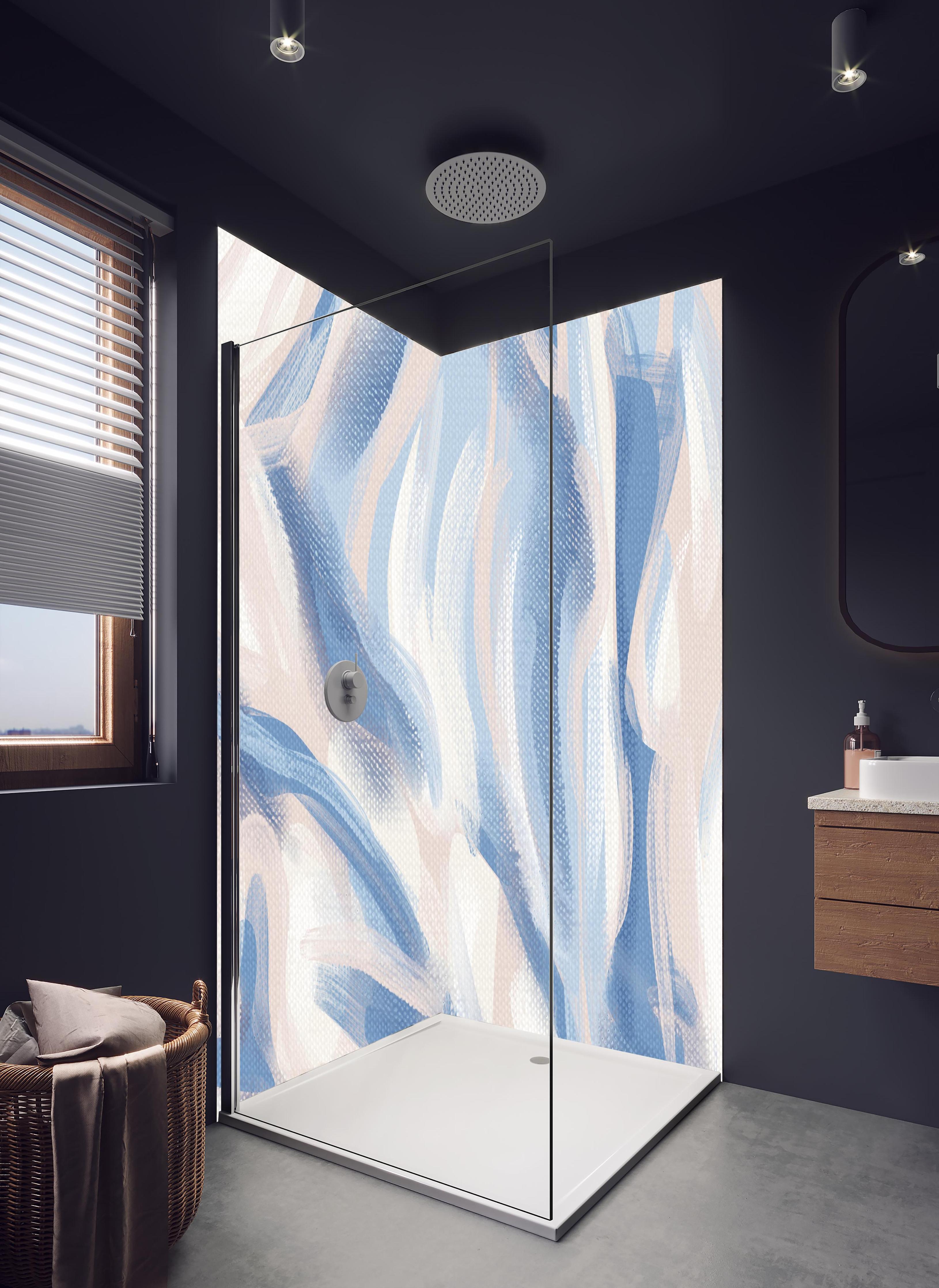 Duschrückwand - Beruhigende abstrakte Acryl-Kunstleinwand in hellem Badezimmer mit Regenduschkopf - zweiteilige Eck-Duschrückwand