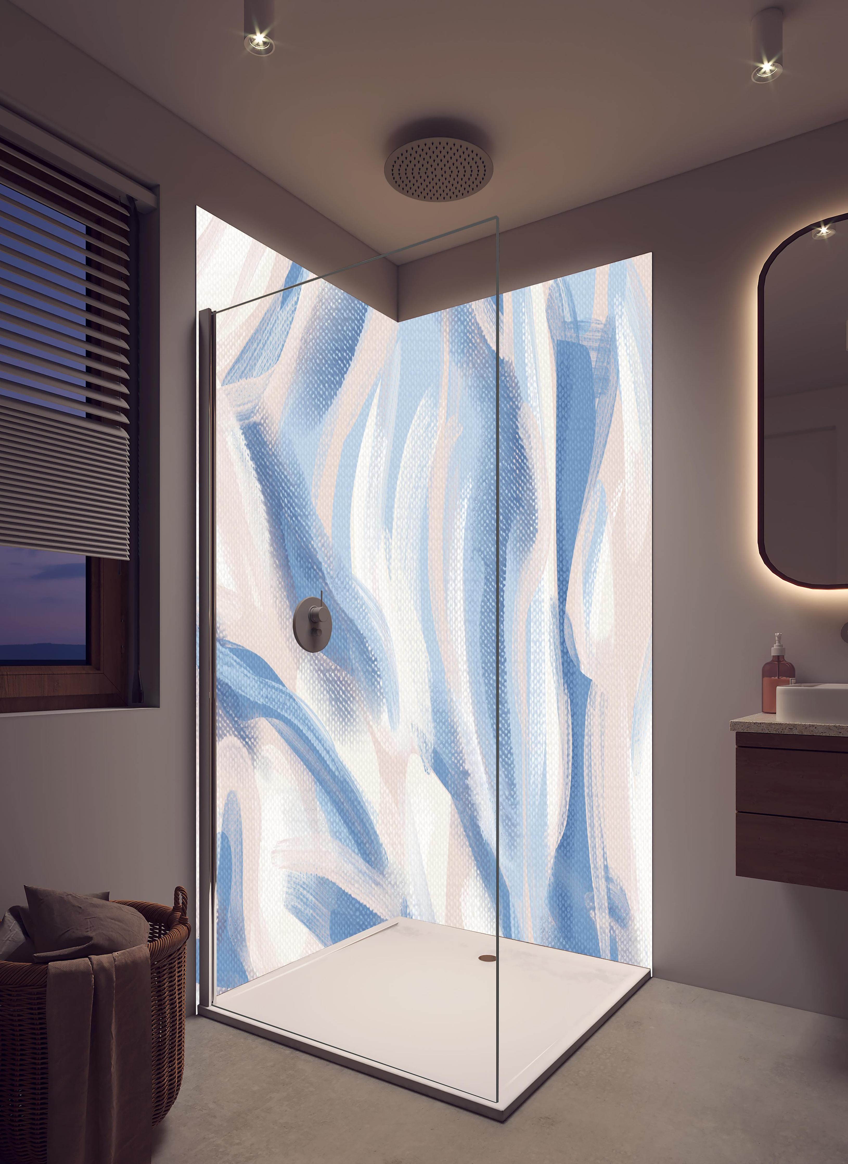 Duschrückwand - Beruhigende abstrakte Acryl-Kunstleinwand in hellem Badezimmer mit Regenduschkopf - zweiteilige Eck-Duschrückwand