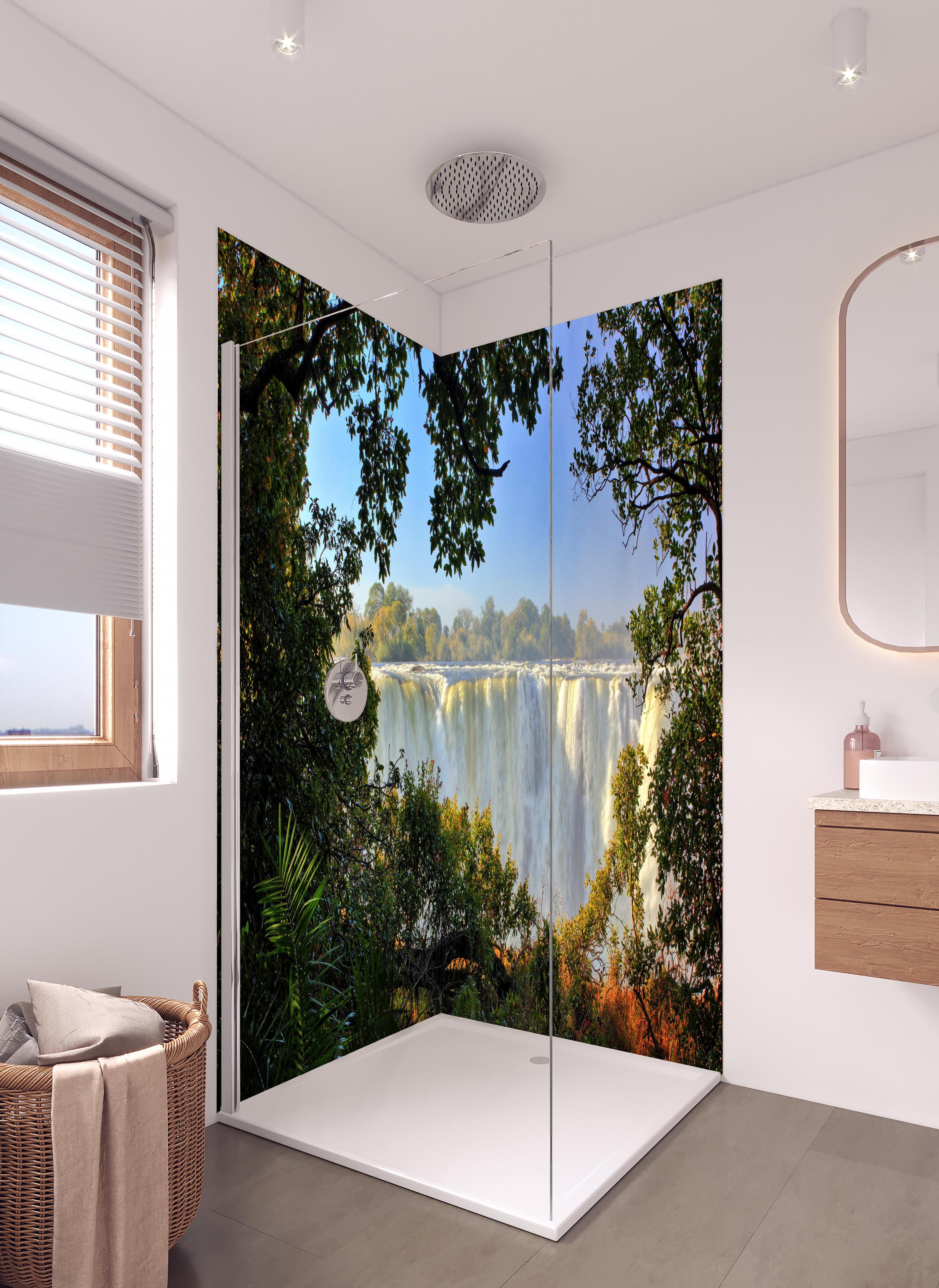 Duschrückwand - Besondere Perspektive auf Victoria Falls in hellem Badezimmer mit Regenduschkopf - zweiteilige Eck-Duschrückwand