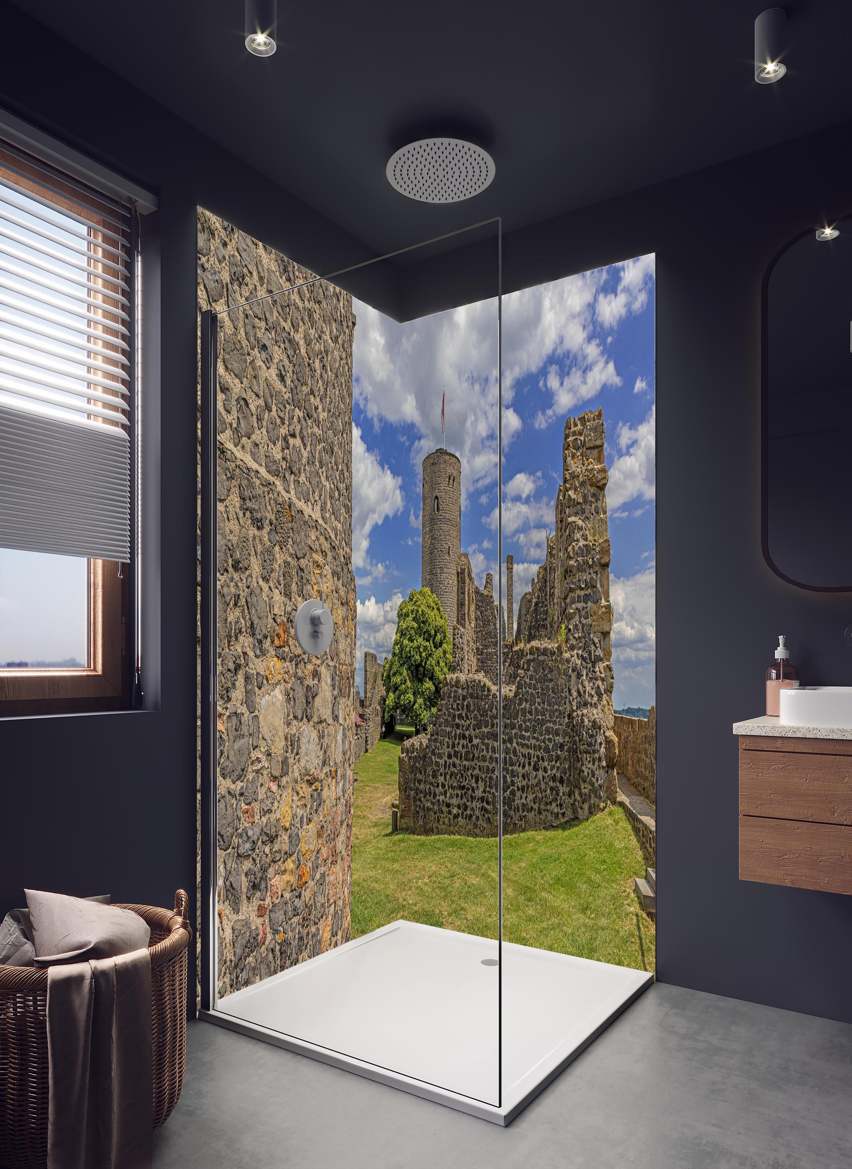 Duschrückwand - Bild von der Burgruine Münzenberg in Hessen in hellem Badezimmer mit Regenduschkopf - zweiteilige Eck-Duschrückwand
