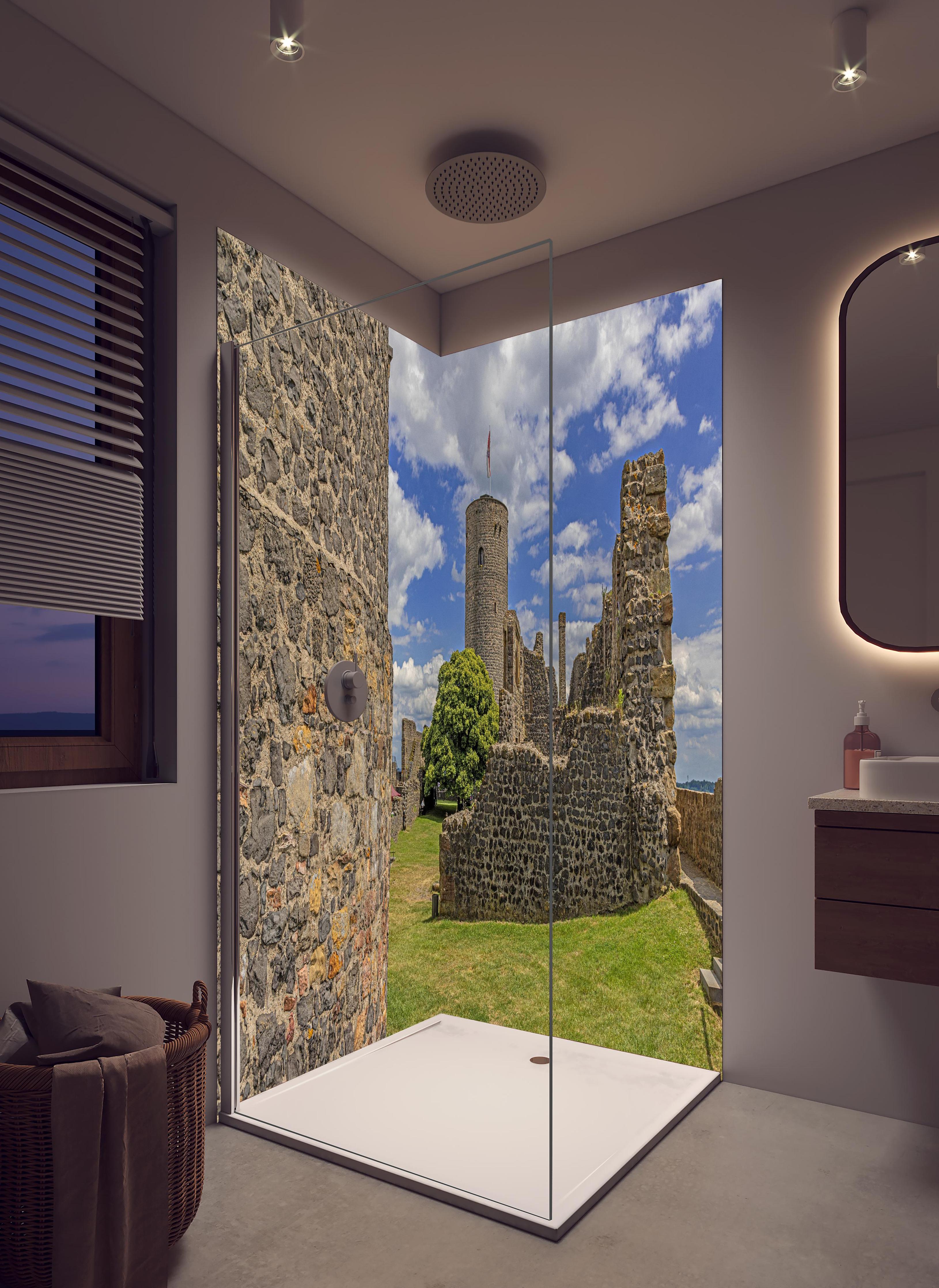 Duschrückwand - Bild von der Burgruine Münzenberg in Hessen in hellem Badezimmer mit Regenduschkopf - zweiteilige Eck-Duschrückwand