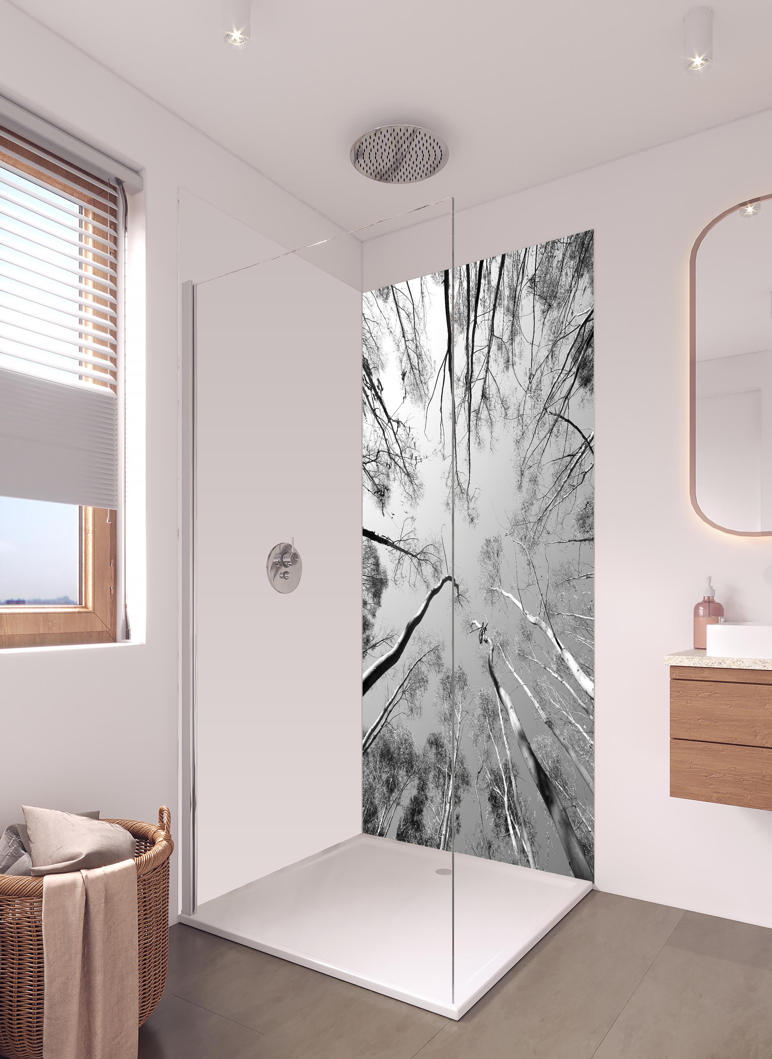 Duschrückwand - Birkenwald im Winter von unten in hellem Badezimmer mit Regenduschkopf - zweiteilige Eck-Duschrückwand