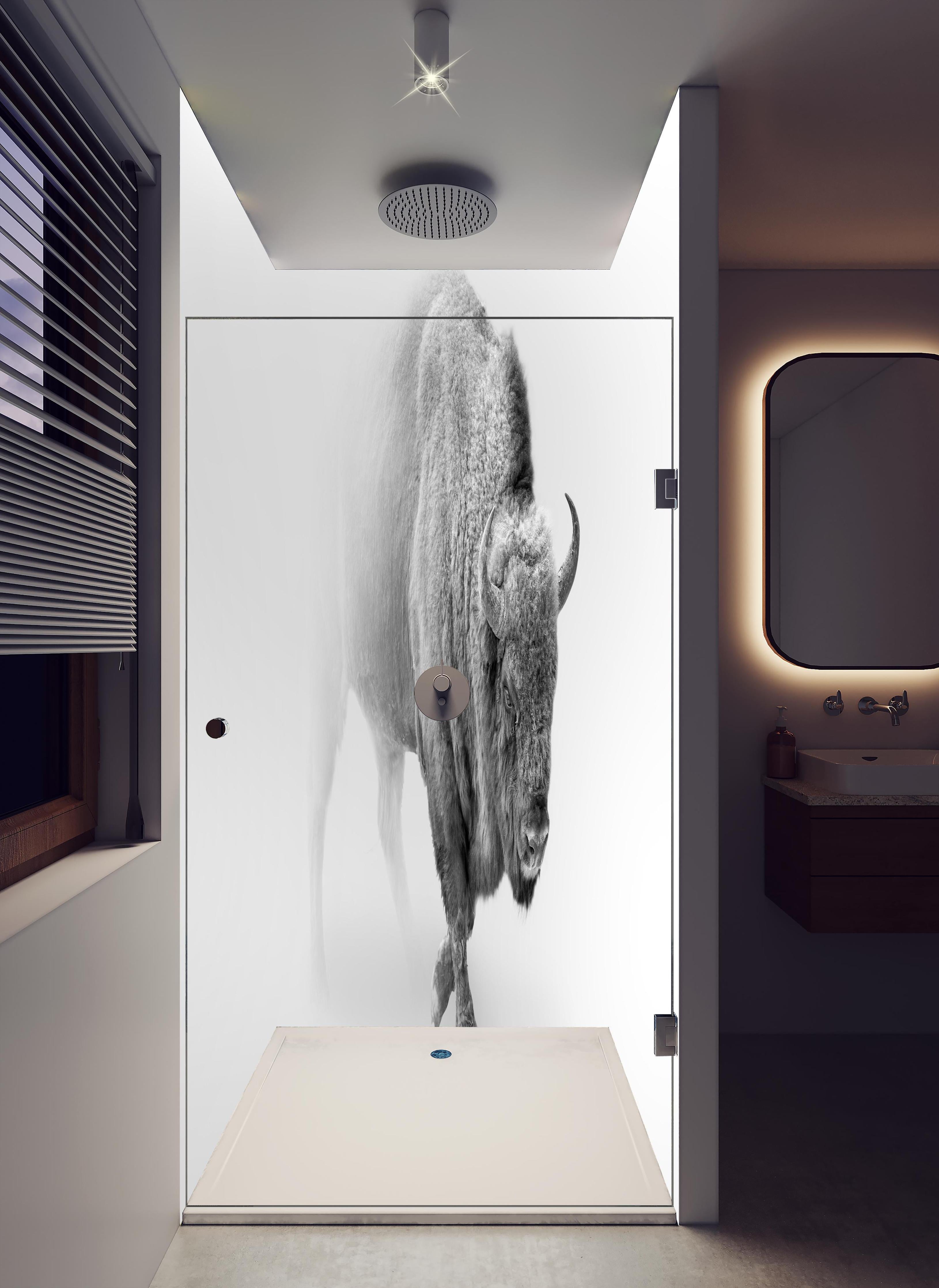 Duschrückwand - Bison Graustufenbild in hellem Badezimmer mit Regenduschkopf - zweiteilige Eck-Duschrückwand