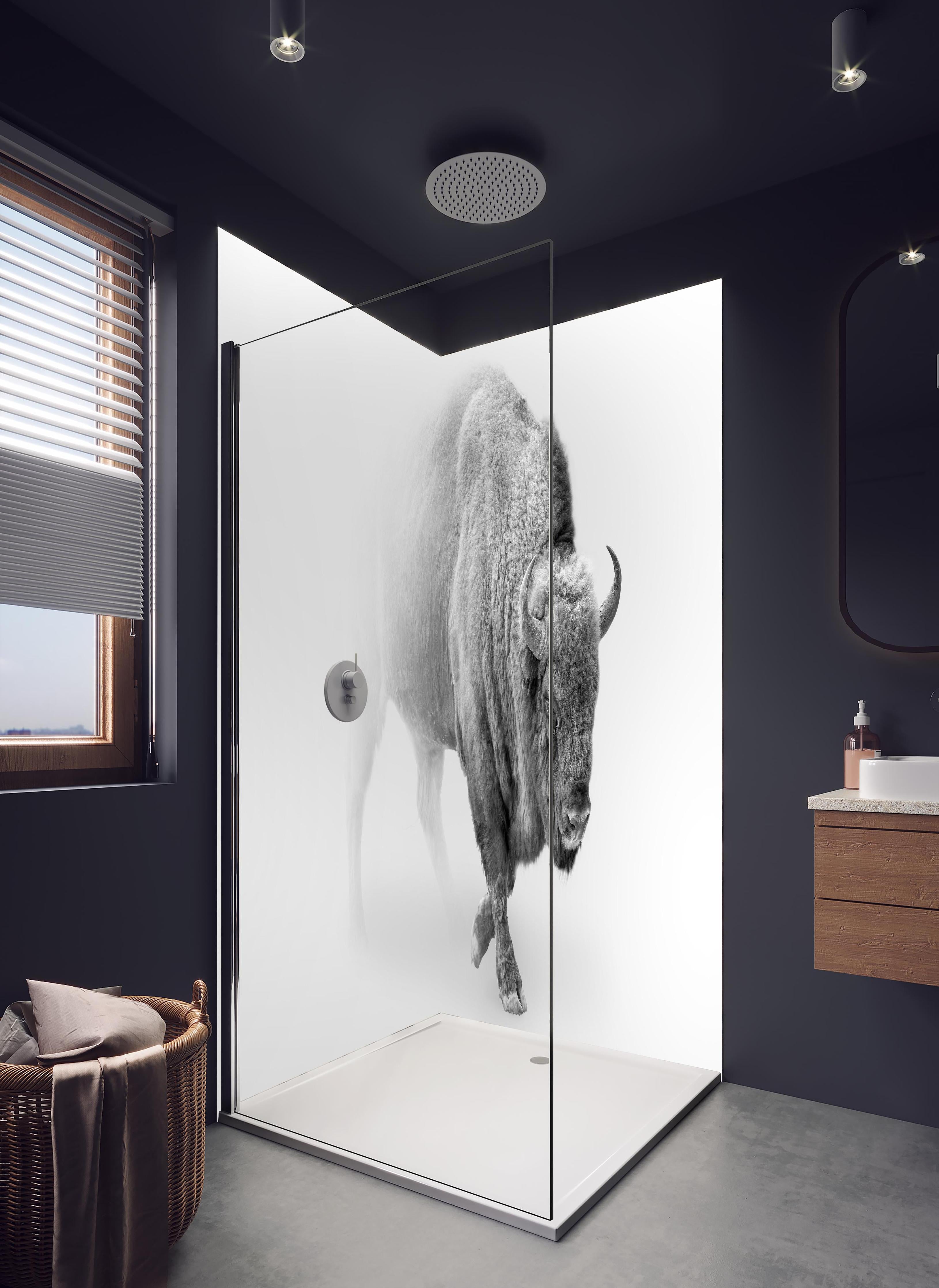 Duschrückwand - Bison Graustufenbild in hellem Badezimmer mit Regenduschkopf - zweiteilige Eck-Duschrückwand