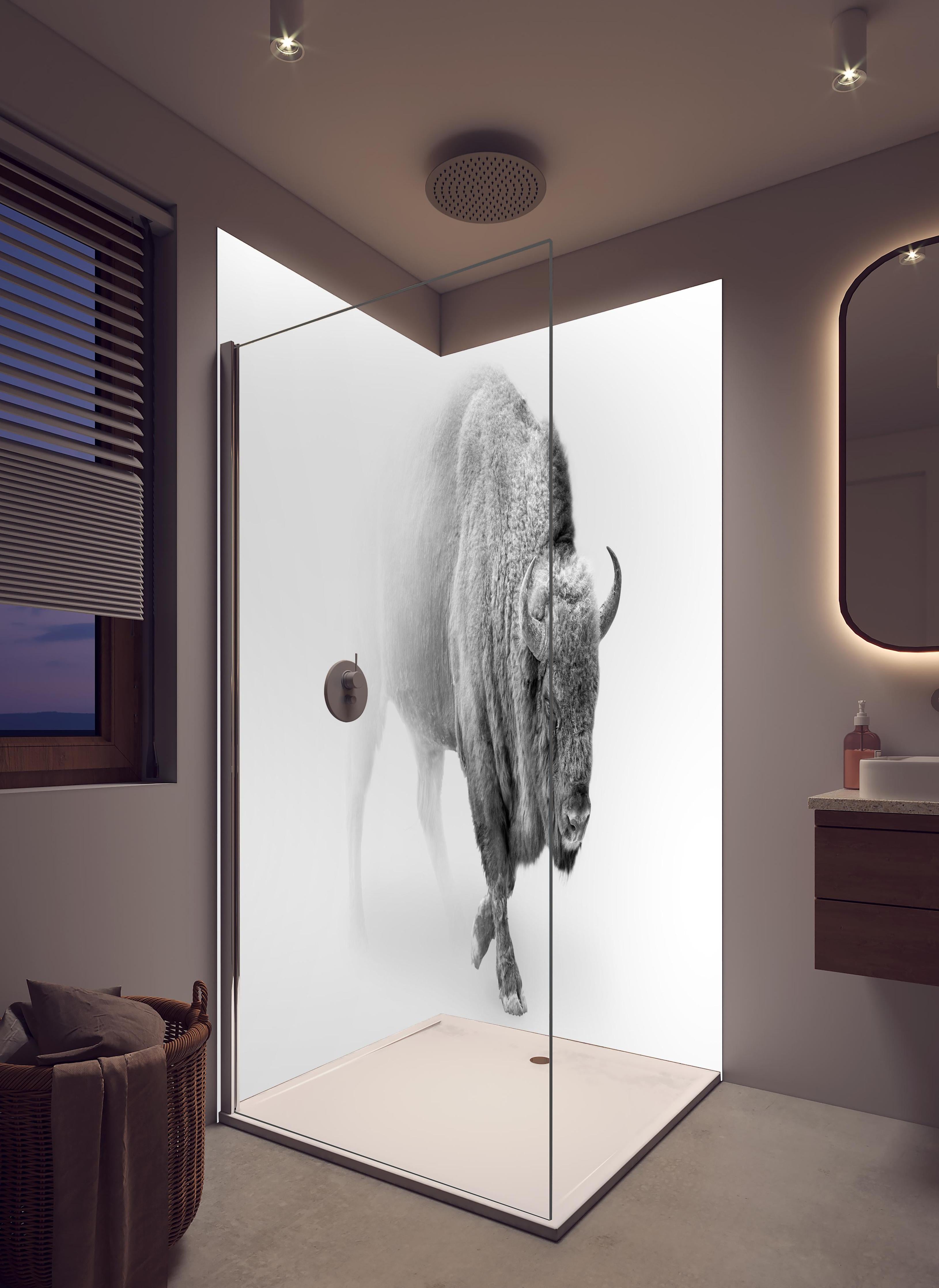 Duschrückwand - Bison Graustufenbild in hellem Badezimmer mit Regenduschkopf - zweiteilige Eck-Duschrückwand