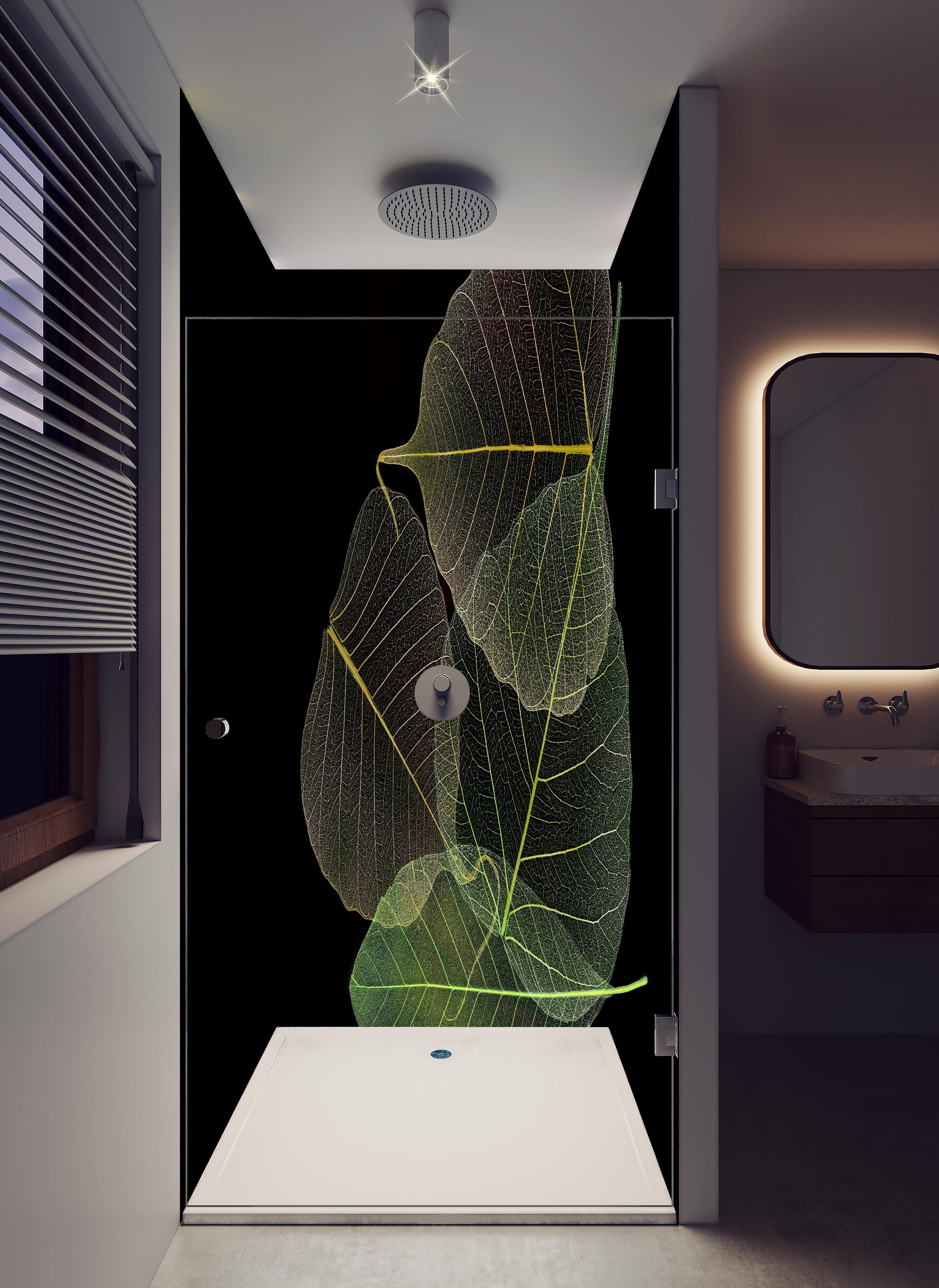 Duschrückwand - Blätter Textur Muster 5 in hellem Badezimmer mit Regenduschkopf - zweiteilige Eck-Duschrückwand