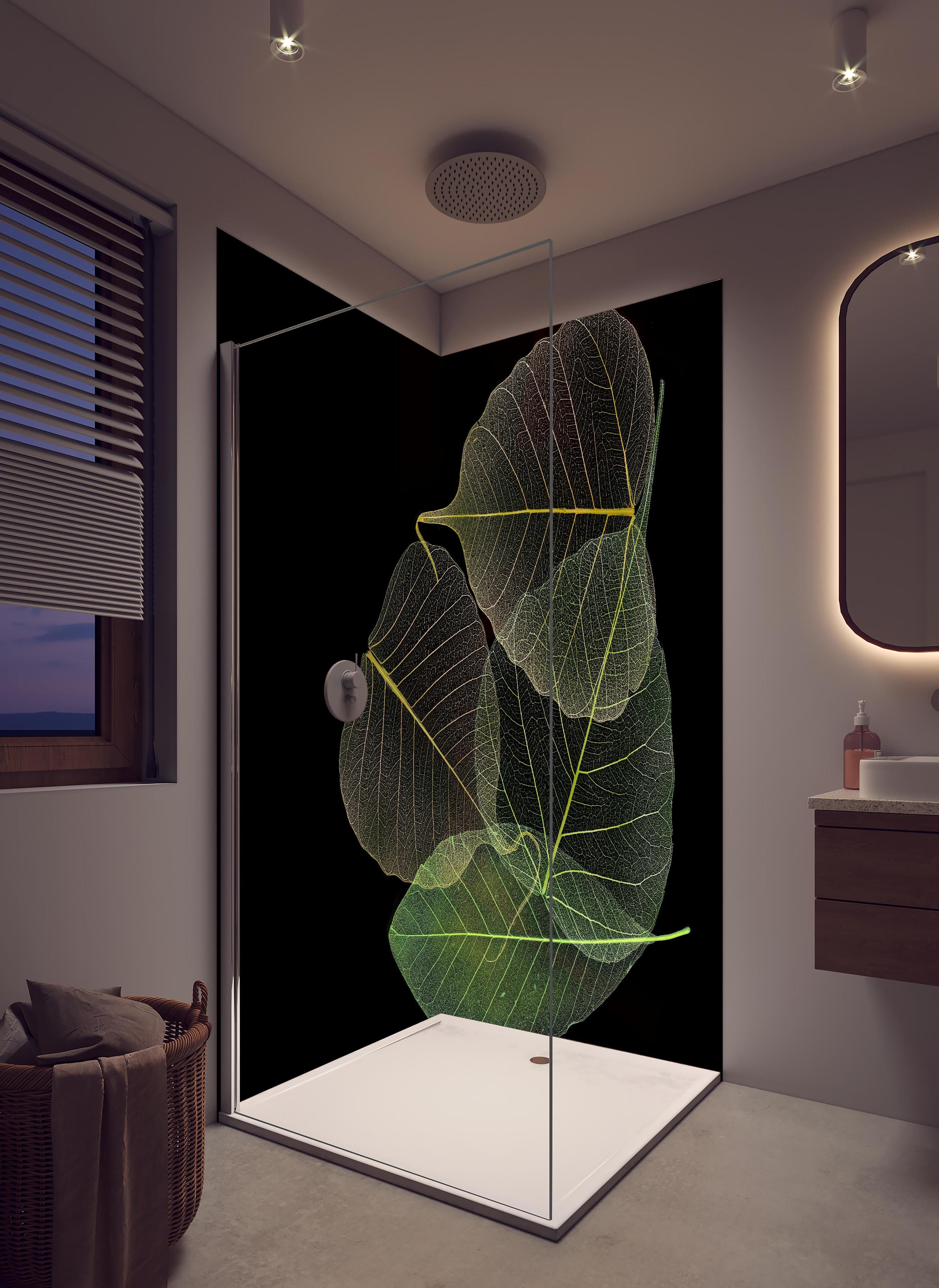 Duschrückwand - Blätter Textur Muster 5 in hellem Badezimmer mit Regenduschkopf - zweiteilige Eck-Duschrückwand