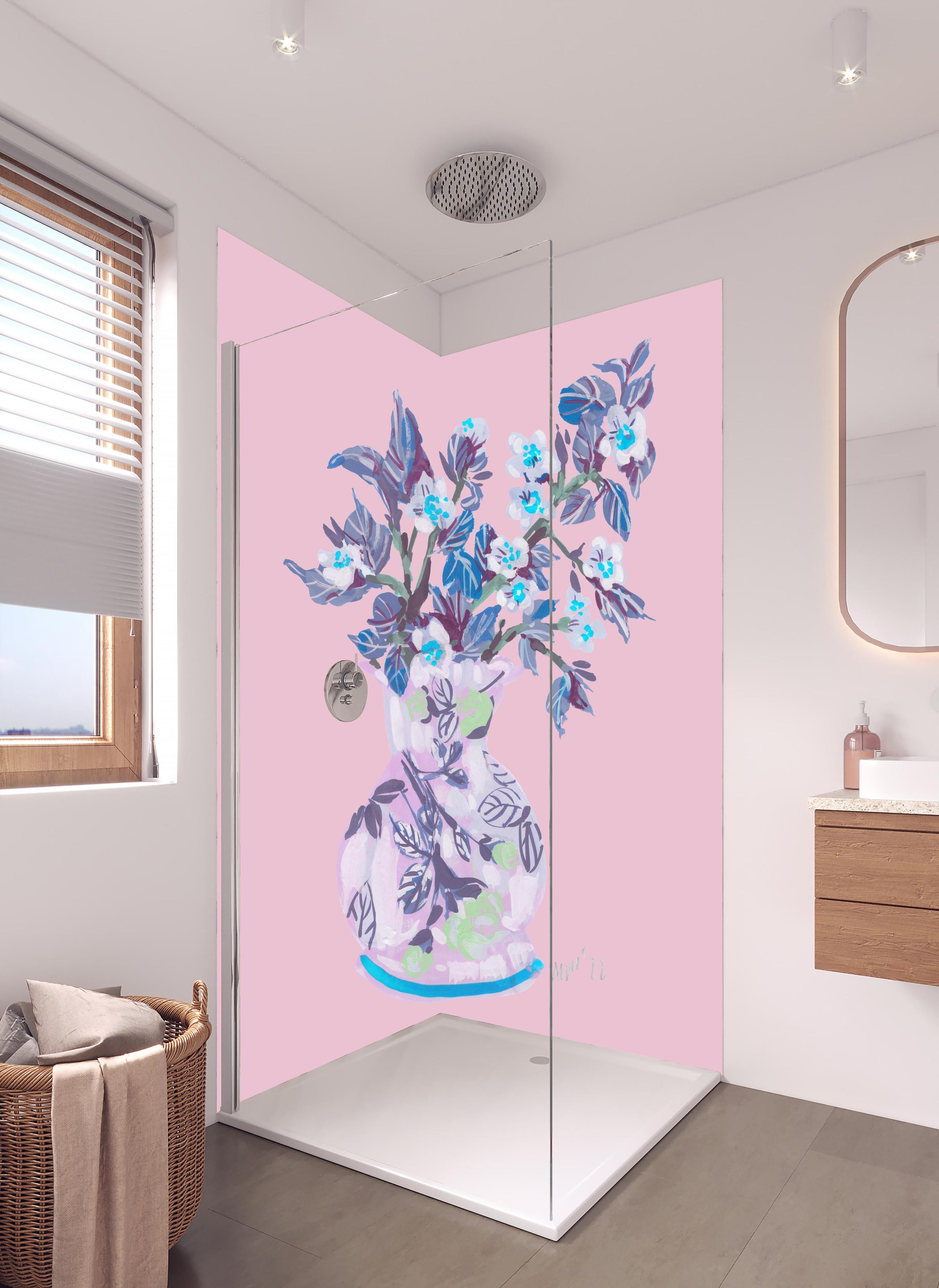 Duschrückwand - Bläuliche Apfelblüte - Gemälde in hellem Badezimmer mit Regenduschkopf - zweiteilige Eck-Duschrückwand