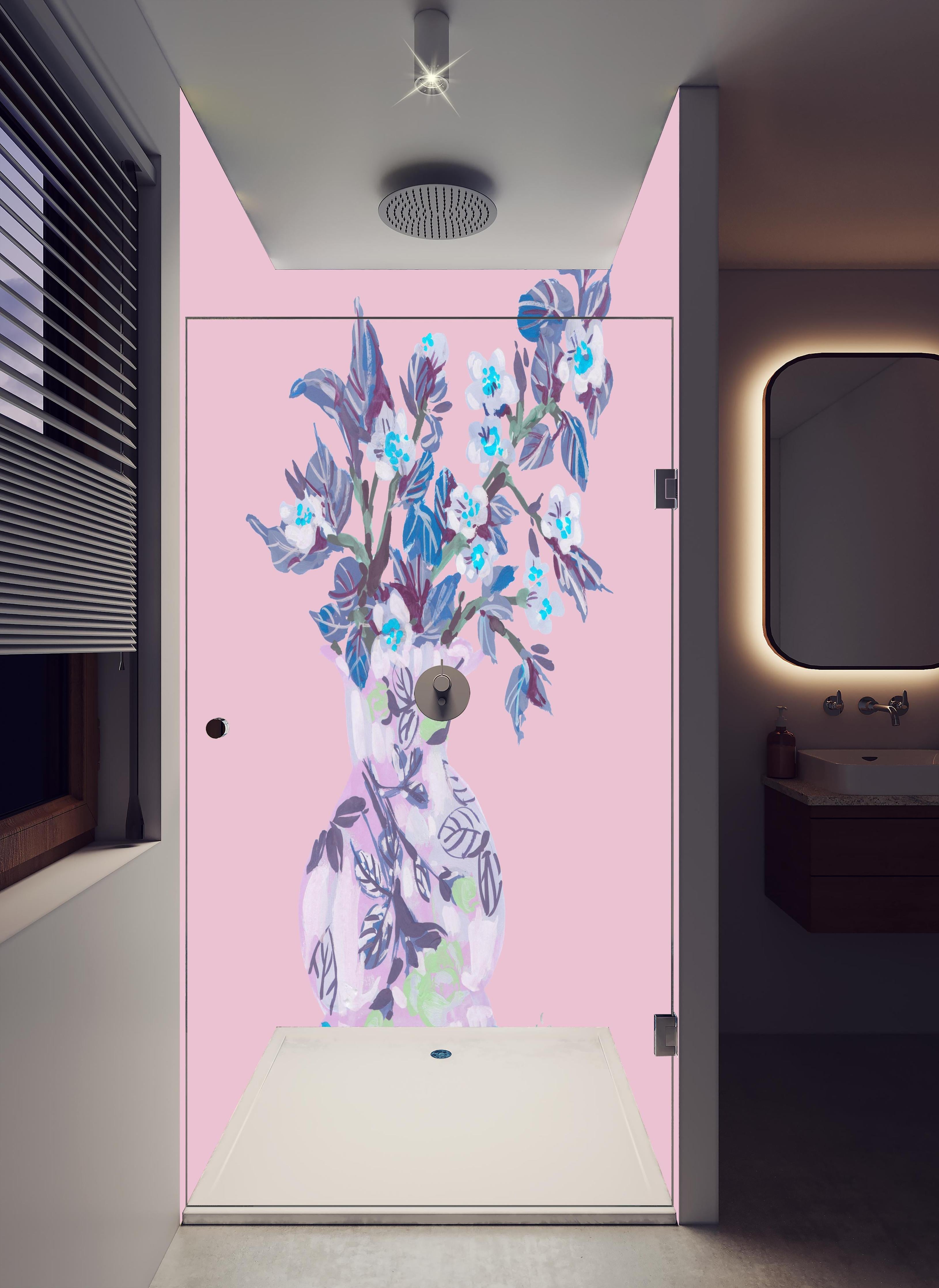 Duschrückwand - Bläuliche Apfelblüte - Gemälde in hellem Badezimmer mit Regenduschkopf - zweiteilige Eck-Duschrückwand