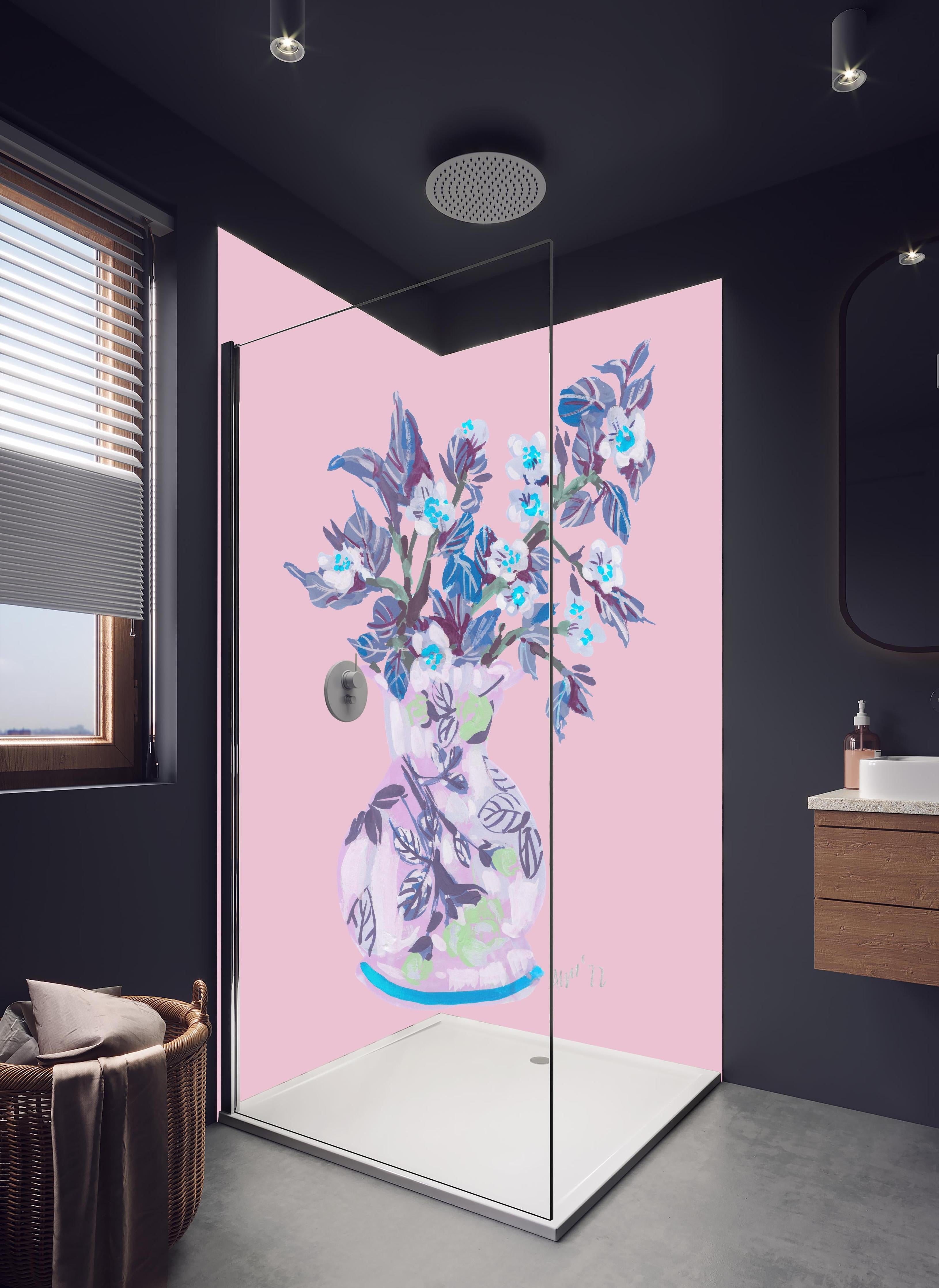 Duschrückwand - Bläuliche Apfelblüte - Gemälde in hellem Badezimmer mit Regenduschkopf - zweiteilige Eck-Duschrückwand
