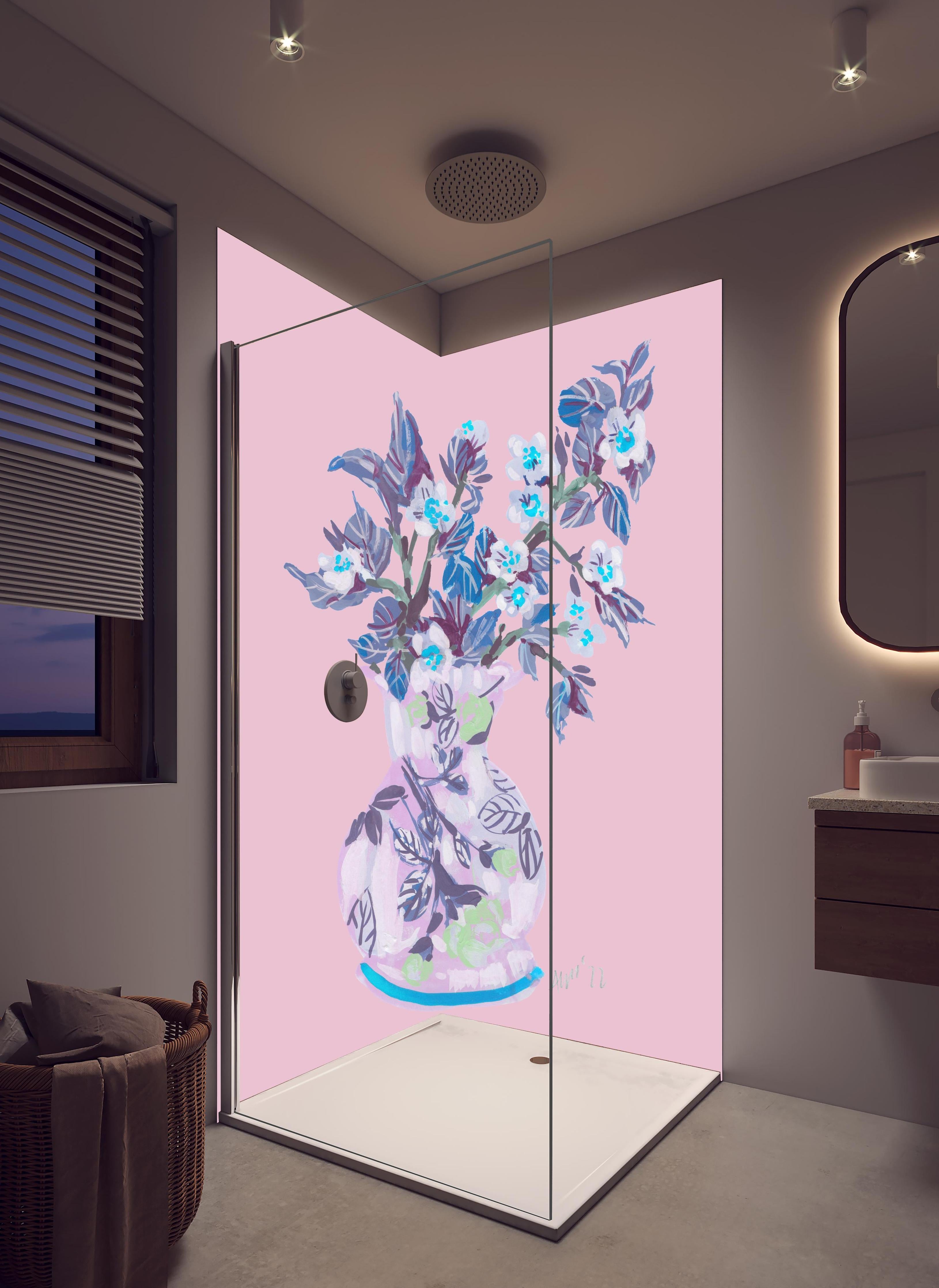 Duschrückwand - Bläuliche Apfelblüte - Gemälde in hellem Badezimmer mit Regenduschkopf - zweiteilige Eck-Duschrückwand