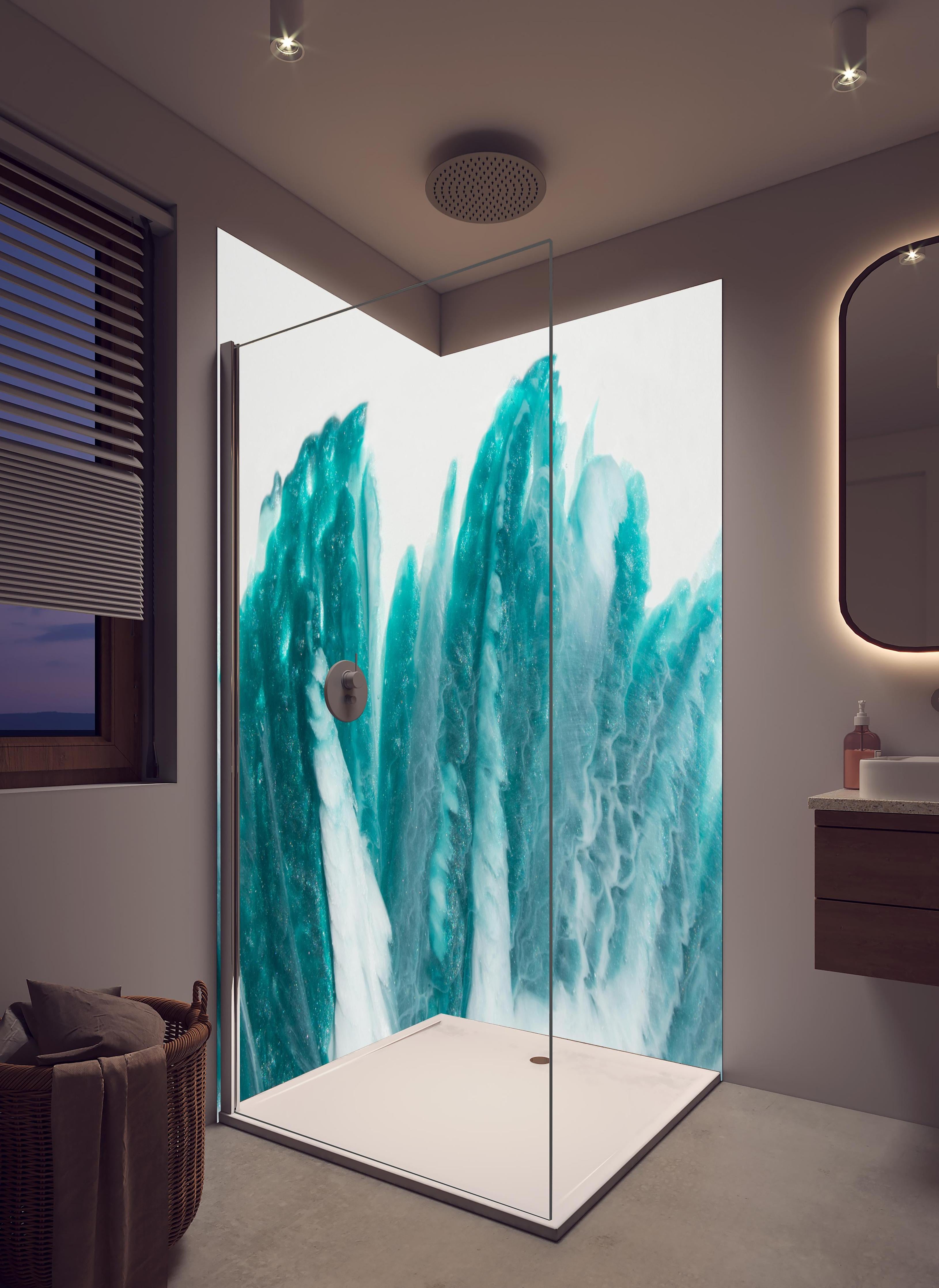 Duschrückwand - Bläuliche Flüssigkunst - Abstrakt in hellem Badezimmer mit Regenduschkopf - zweiteilige Eck-Duschrückwand