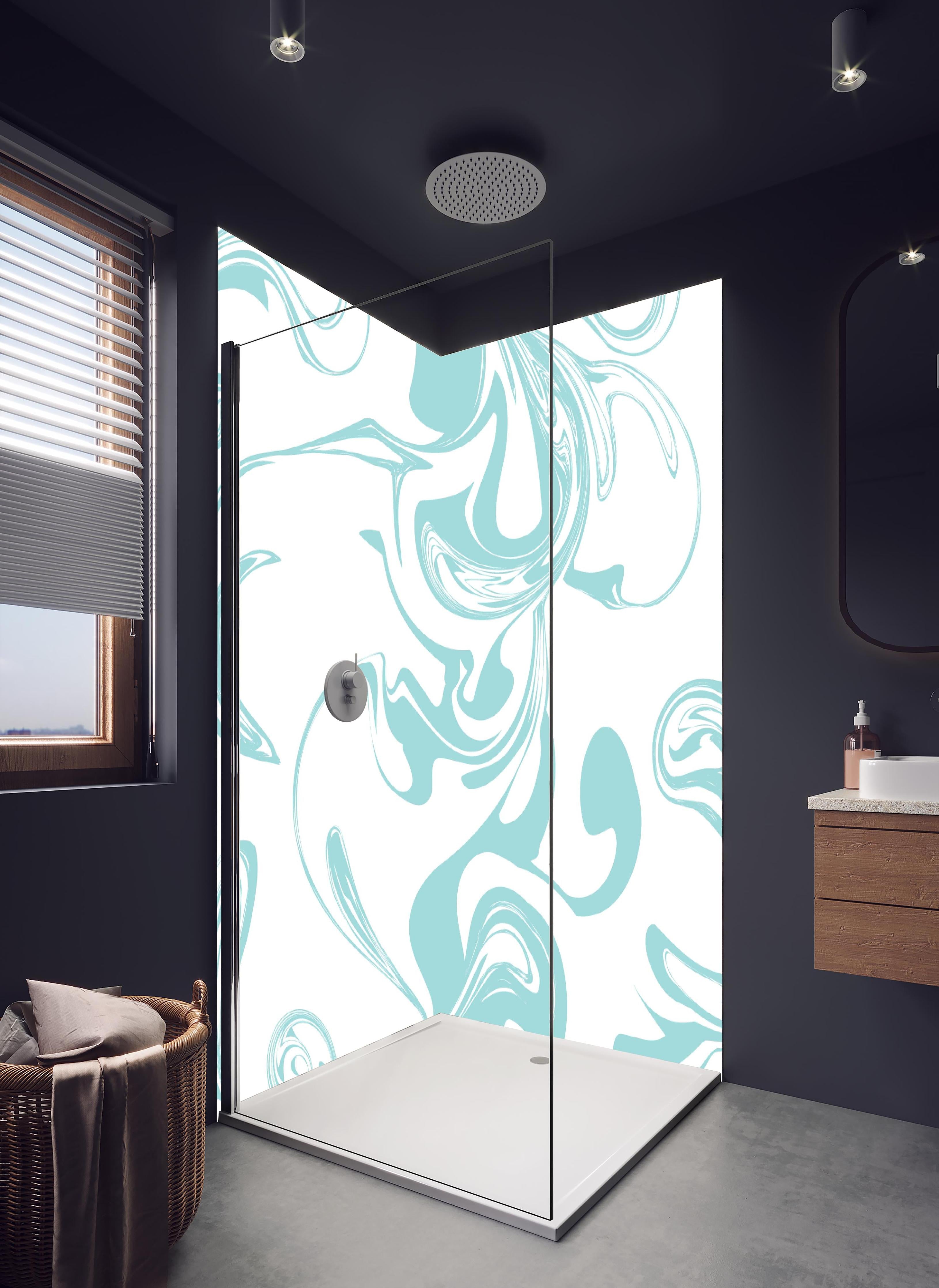 Duschrückwand - Bläuliches Wellen Muster in hellem Badezimmer mit Regenduschkopf - zweiteilige Eck-Duschrückwand