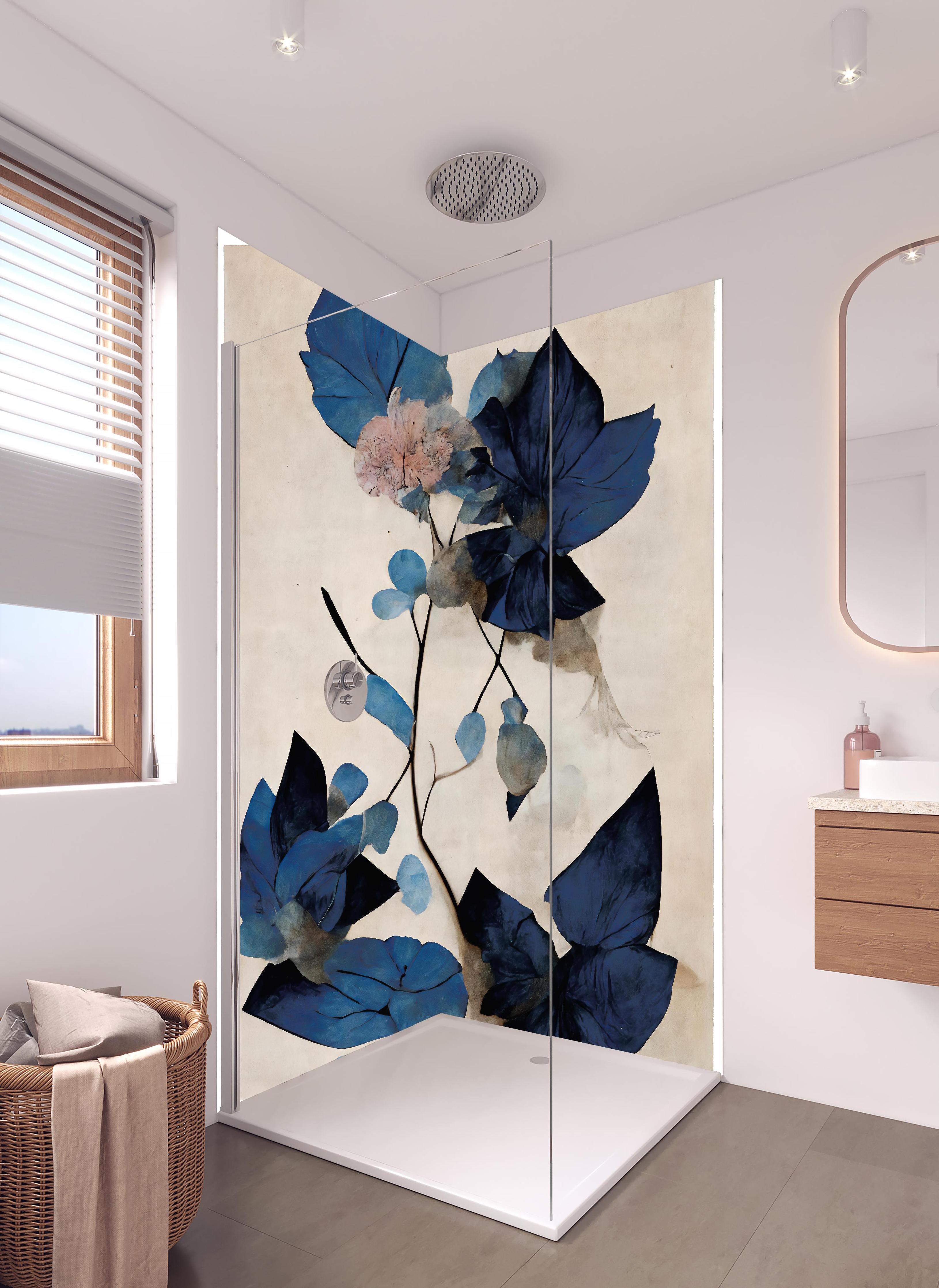 Duschrückwand - Blaue Blüten - Floral in hellem Badezimmer mit Regenduschkopf - zweiteilige Eck-Duschrückwand