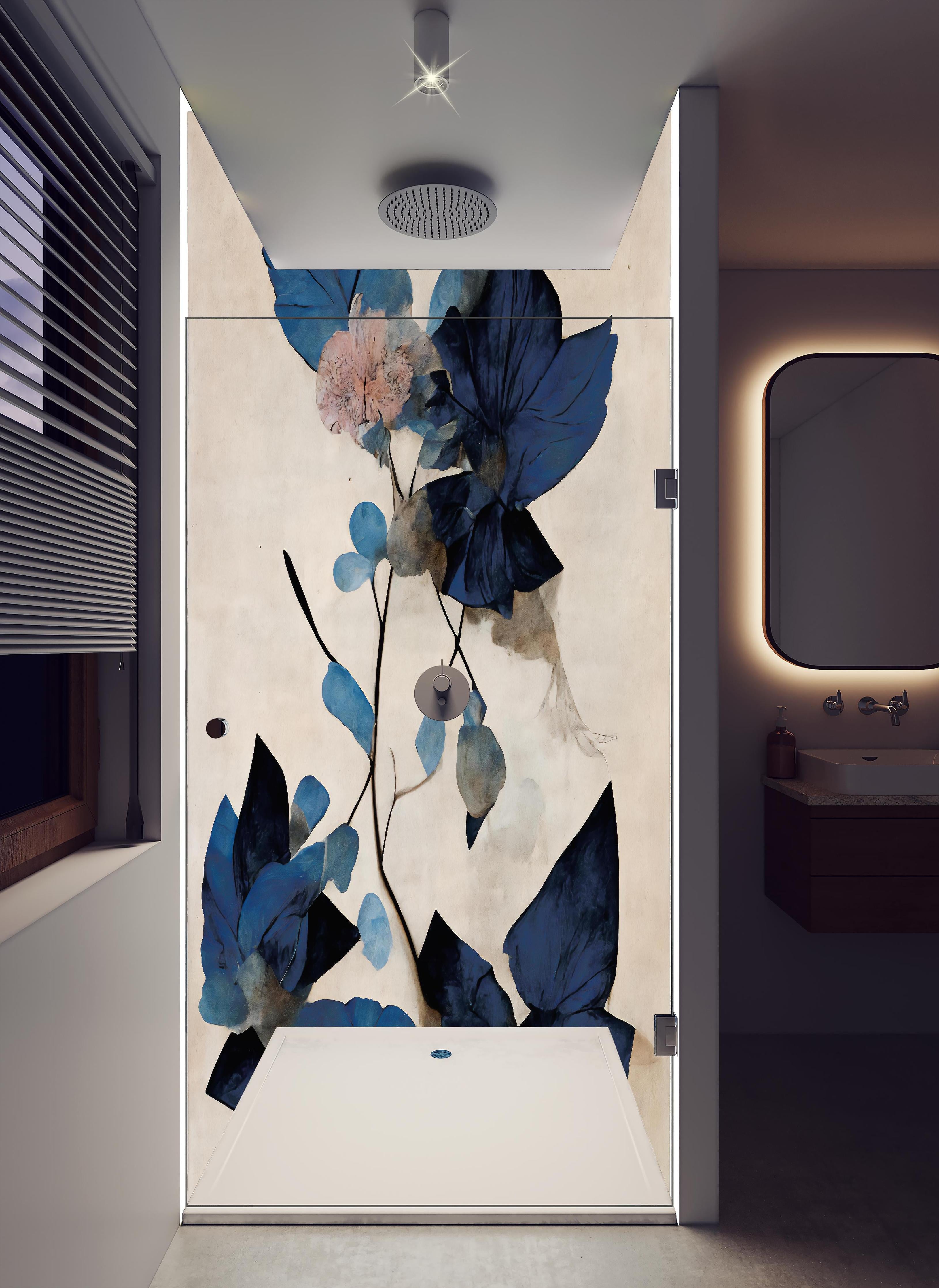 Duschrückwand - Blaue Blüten - Floral in hellem Badezimmer mit Regenduschkopf - zweiteilige Eck-Duschrückwand