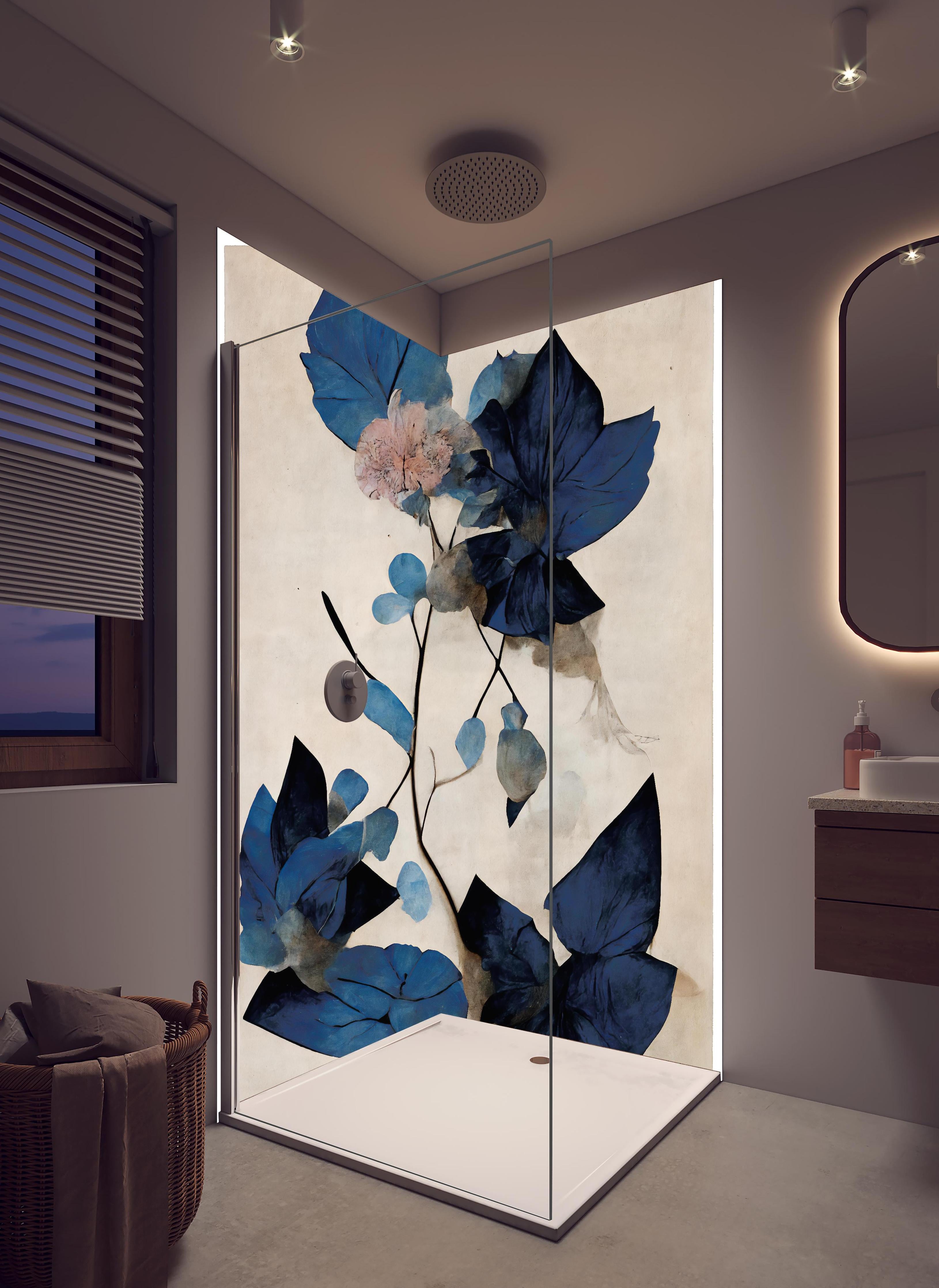 Duschrückwand - Blaue Blüten - Floral in hellem Badezimmer mit Regenduschkopf - zweiteilige Eck-Duschrückwand