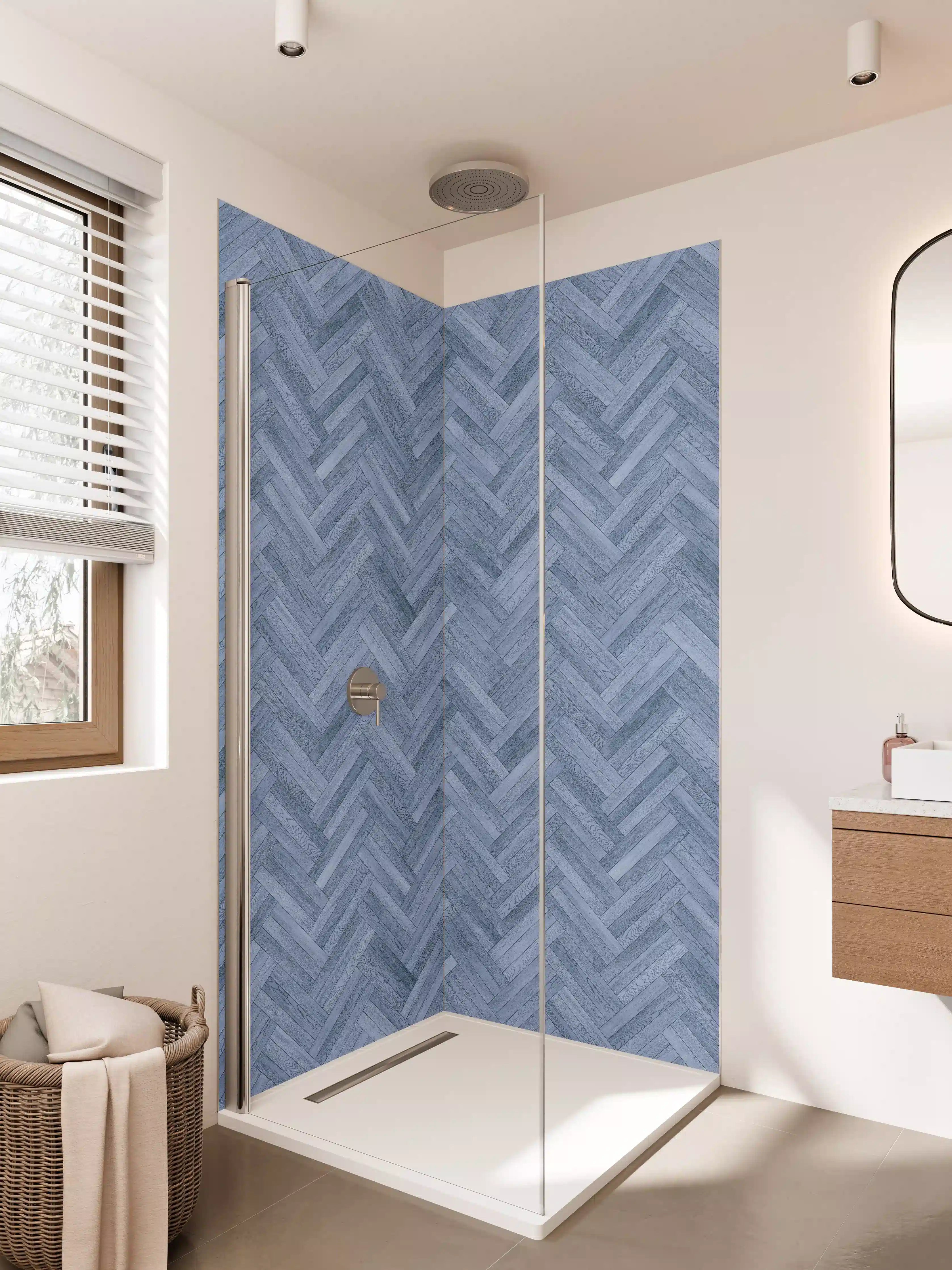 Duschrückwand - Blaue Holz-Textur mit Zickzack-Muster