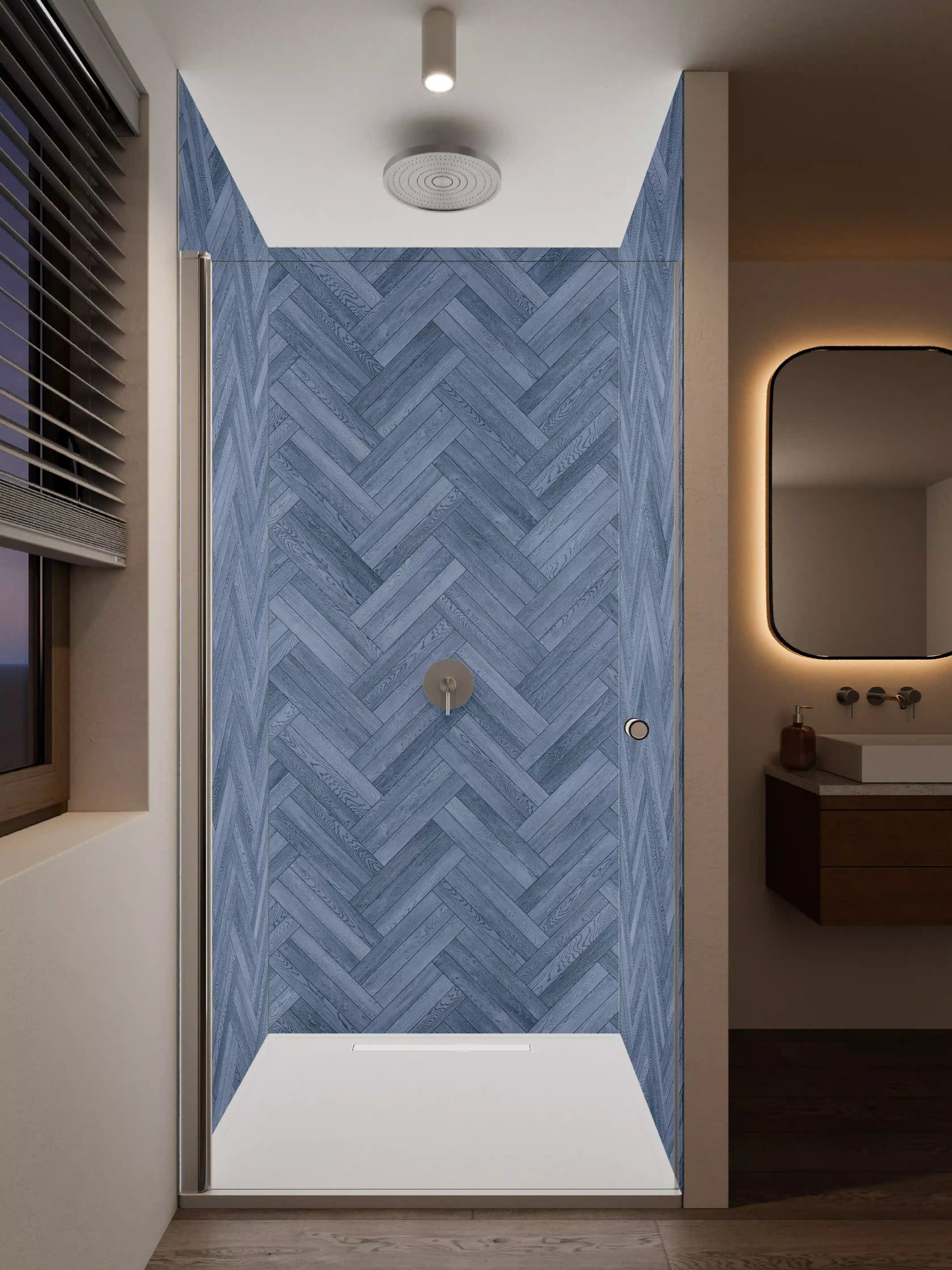 Duschrückwand - Blaue Holz-Textur mit Zickzack-Muster