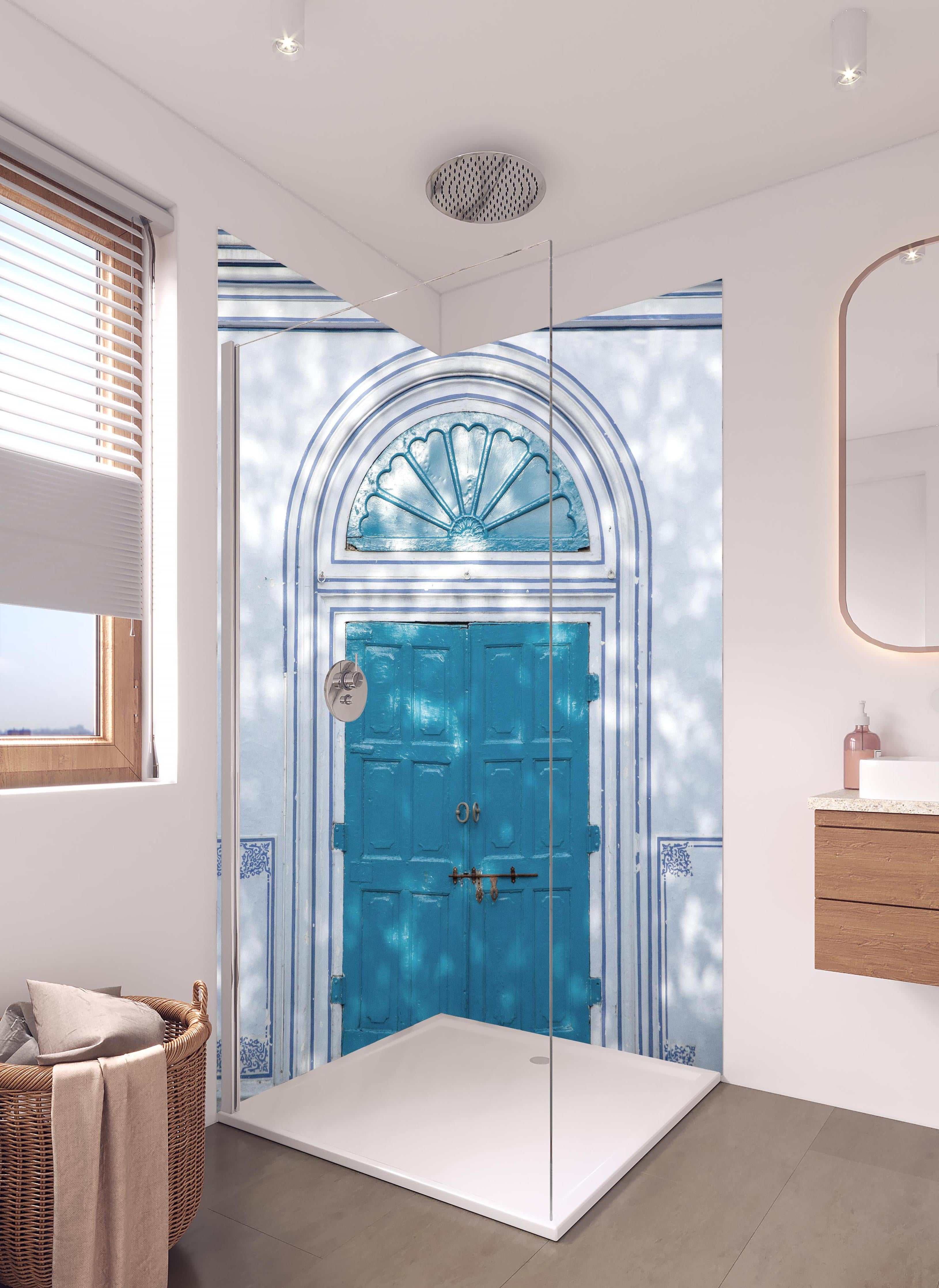 Duschrückwand - Blaue Tür - Architektur in hellem Badezimmer mit Regenduschkopf - zweiteilige Eck-Duschrückwand
