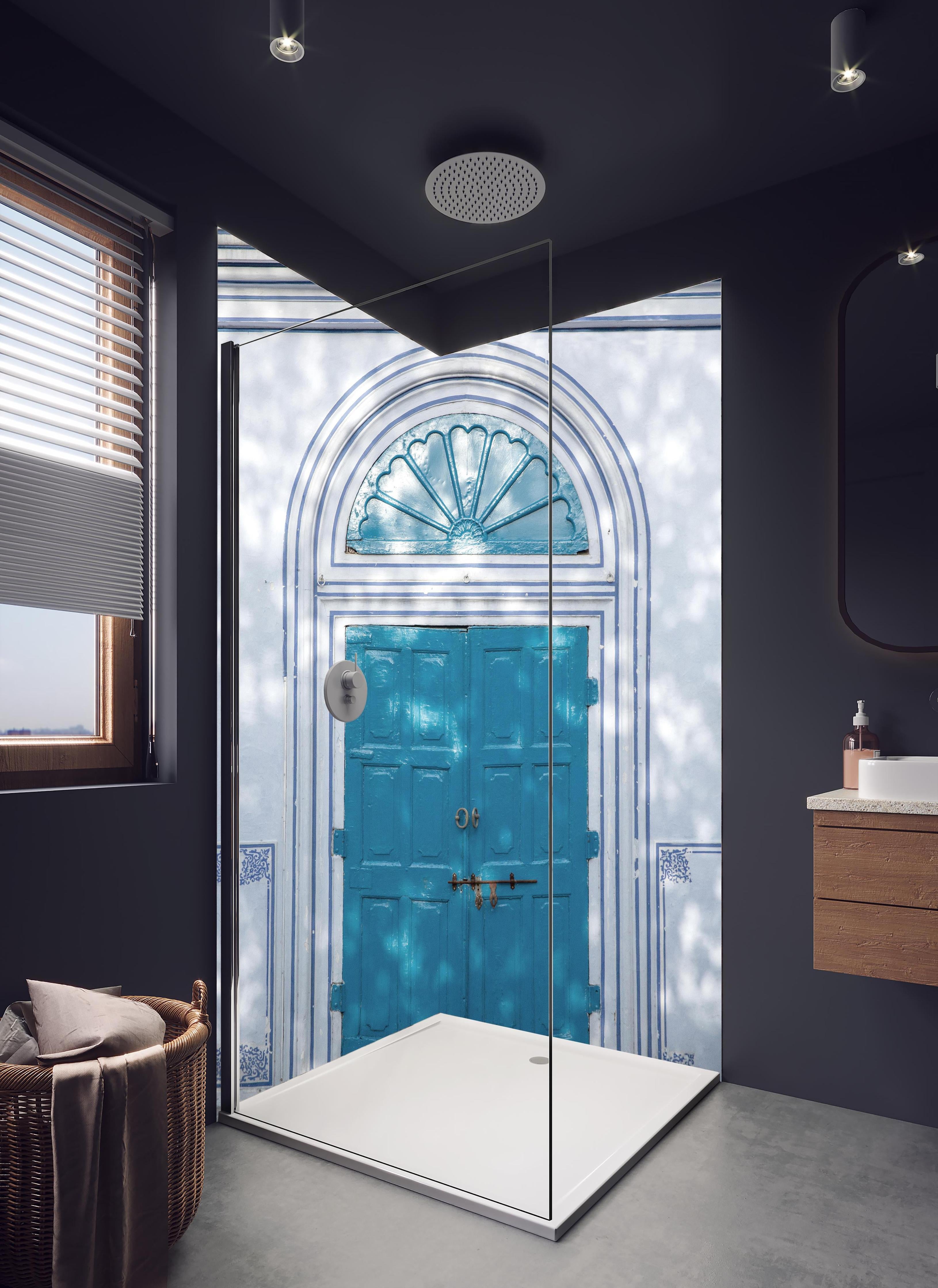 Duschrückwand - Blaue Tür - Architektur in hellem Badezimmer mit Regenduschkopf - zweiteilige Eck-Duschrückwand