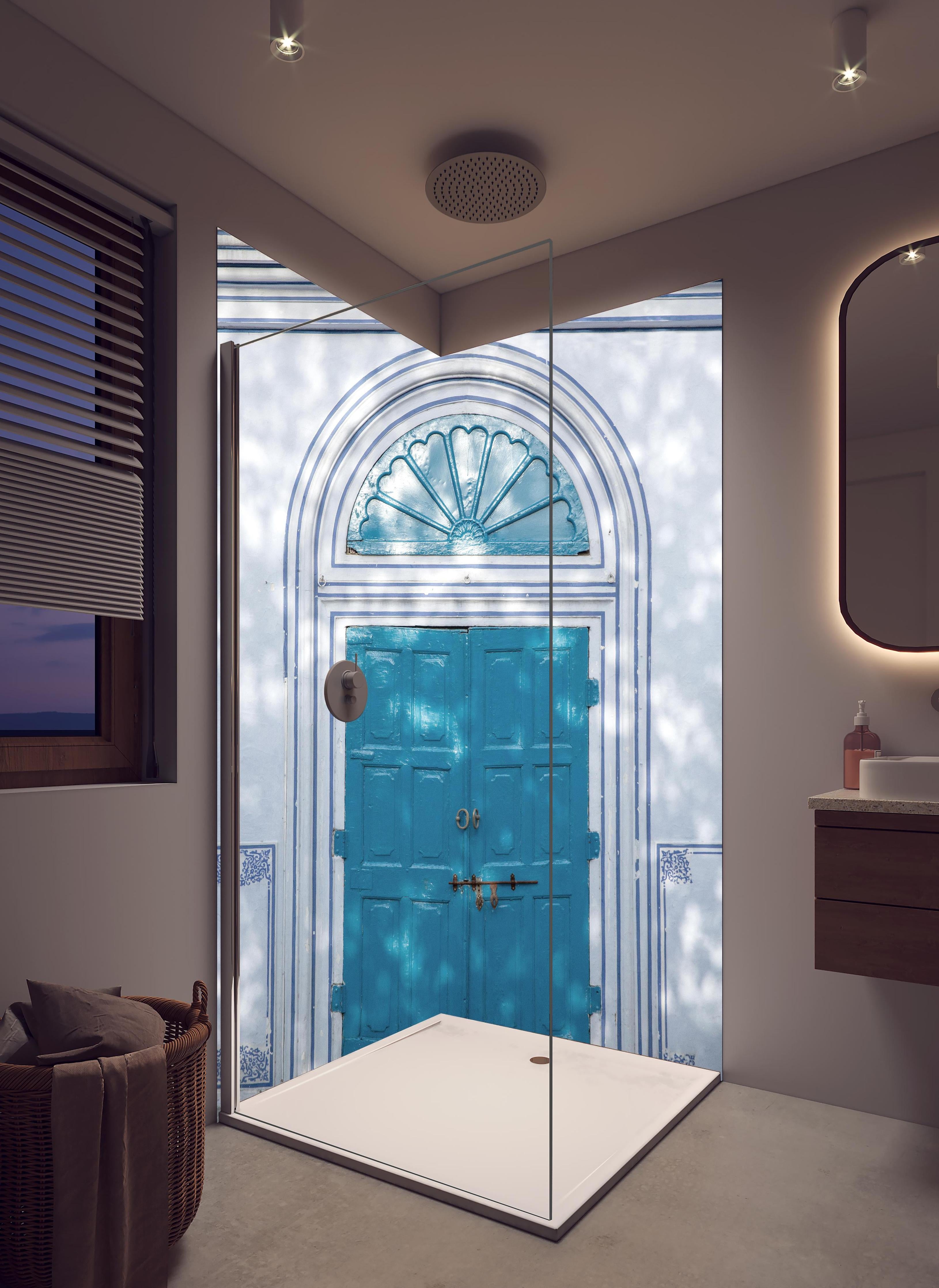 Duschrückwand - Blaue Tür - Architektur in hellem Badezimmer mit Regenduschkopf - zweiteilige Eck-Duschrückwand
