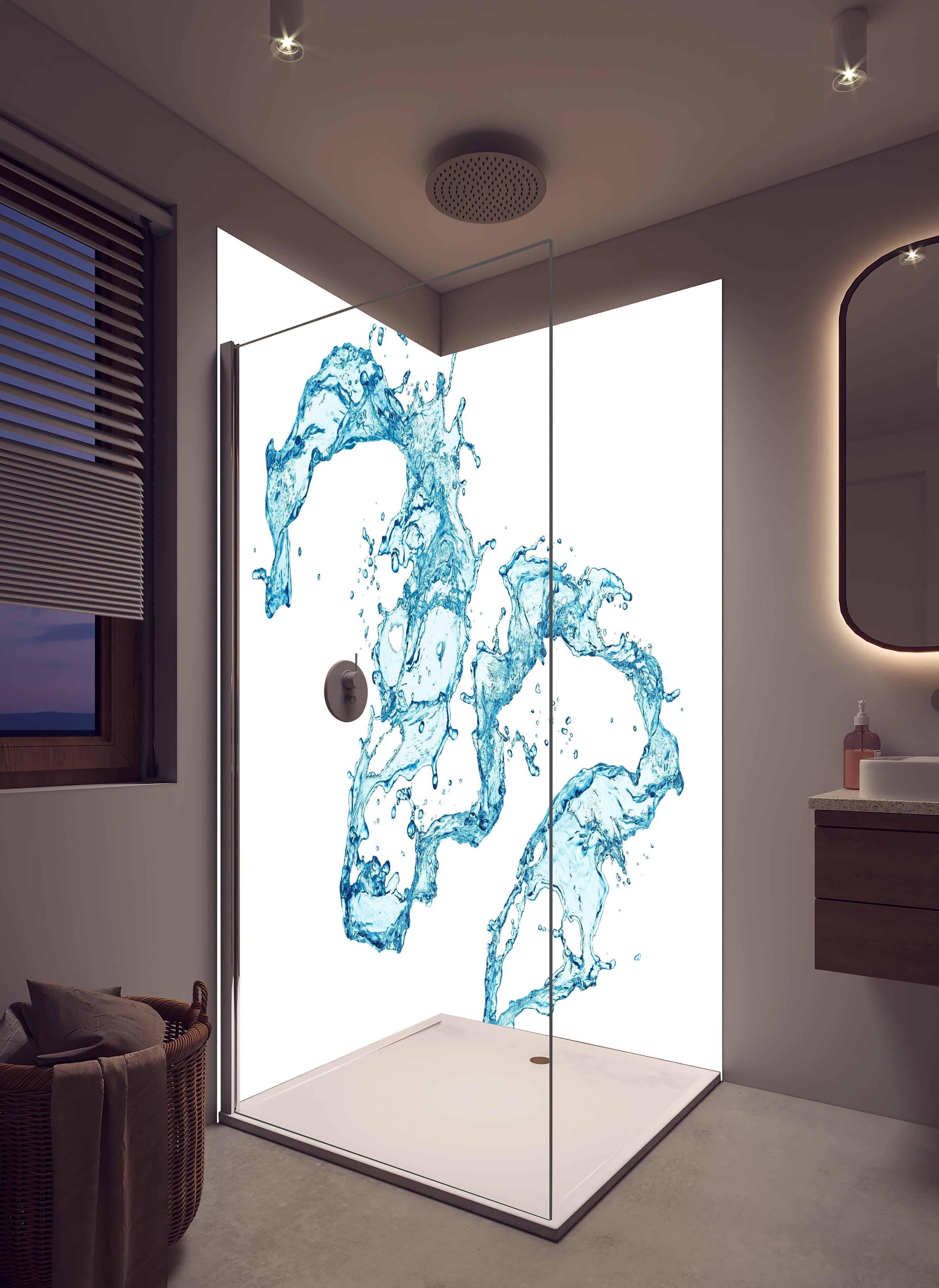 Duschrückwand - Blaue Wasser Spritzer weißer Hintergrund in hellem Badezimmer mit Regenduschkopf - zweiteilige Eck-Duschrückwand