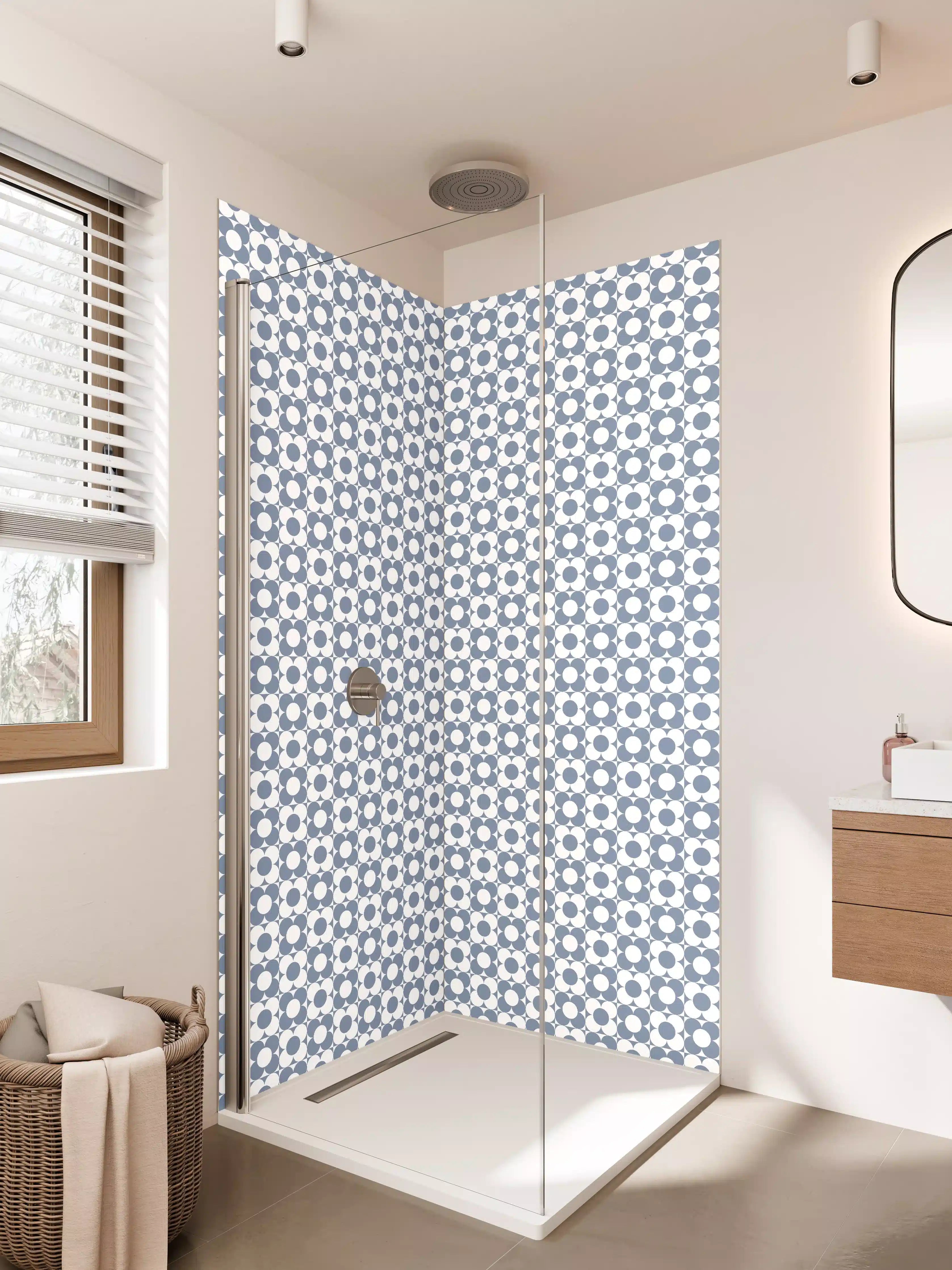 Duschrückwand - Blaue geometrische Muster mit Retro-Charme