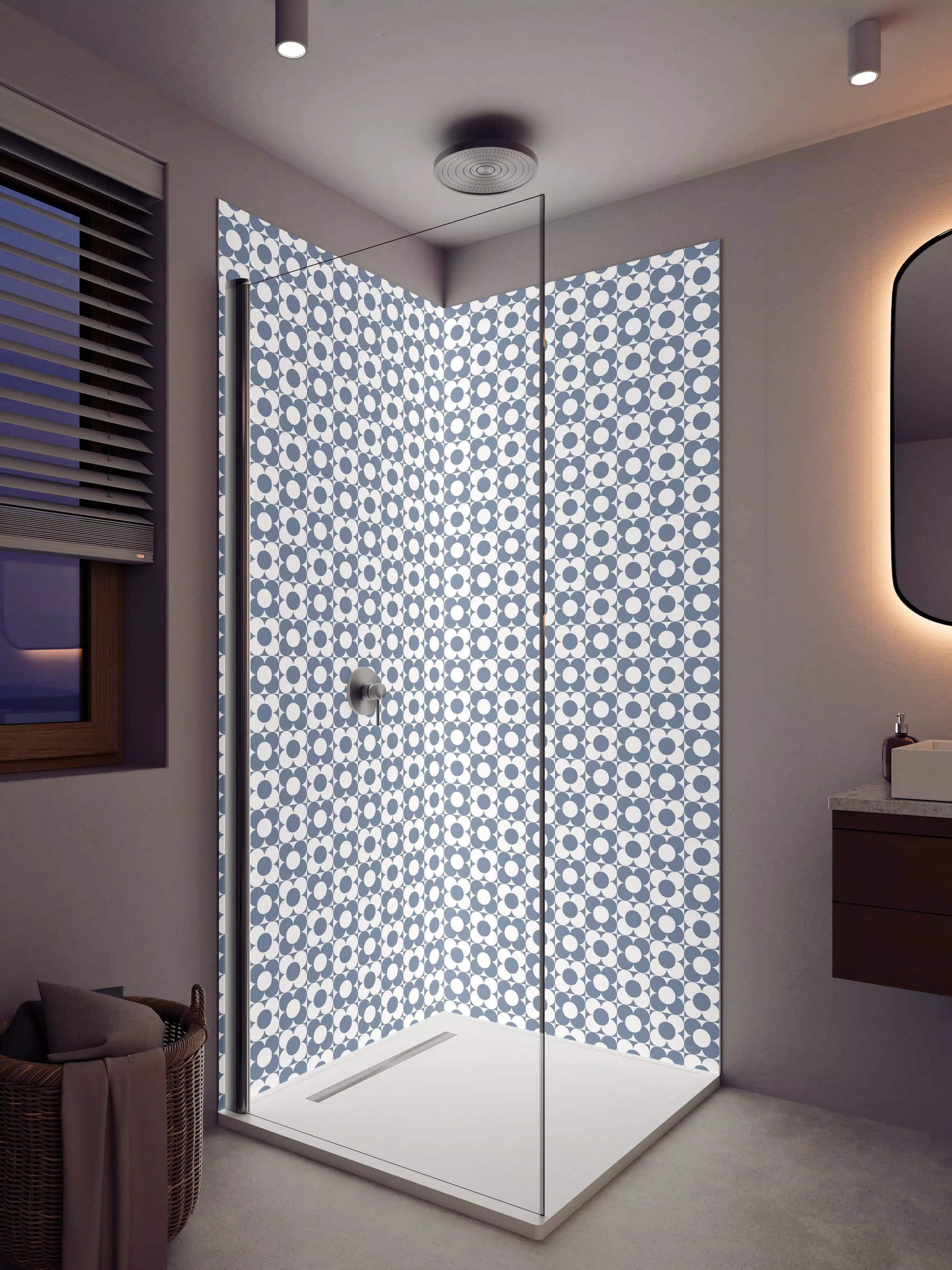 Duschrückwand - Blaue geometrische Muster mit Retro-Charme