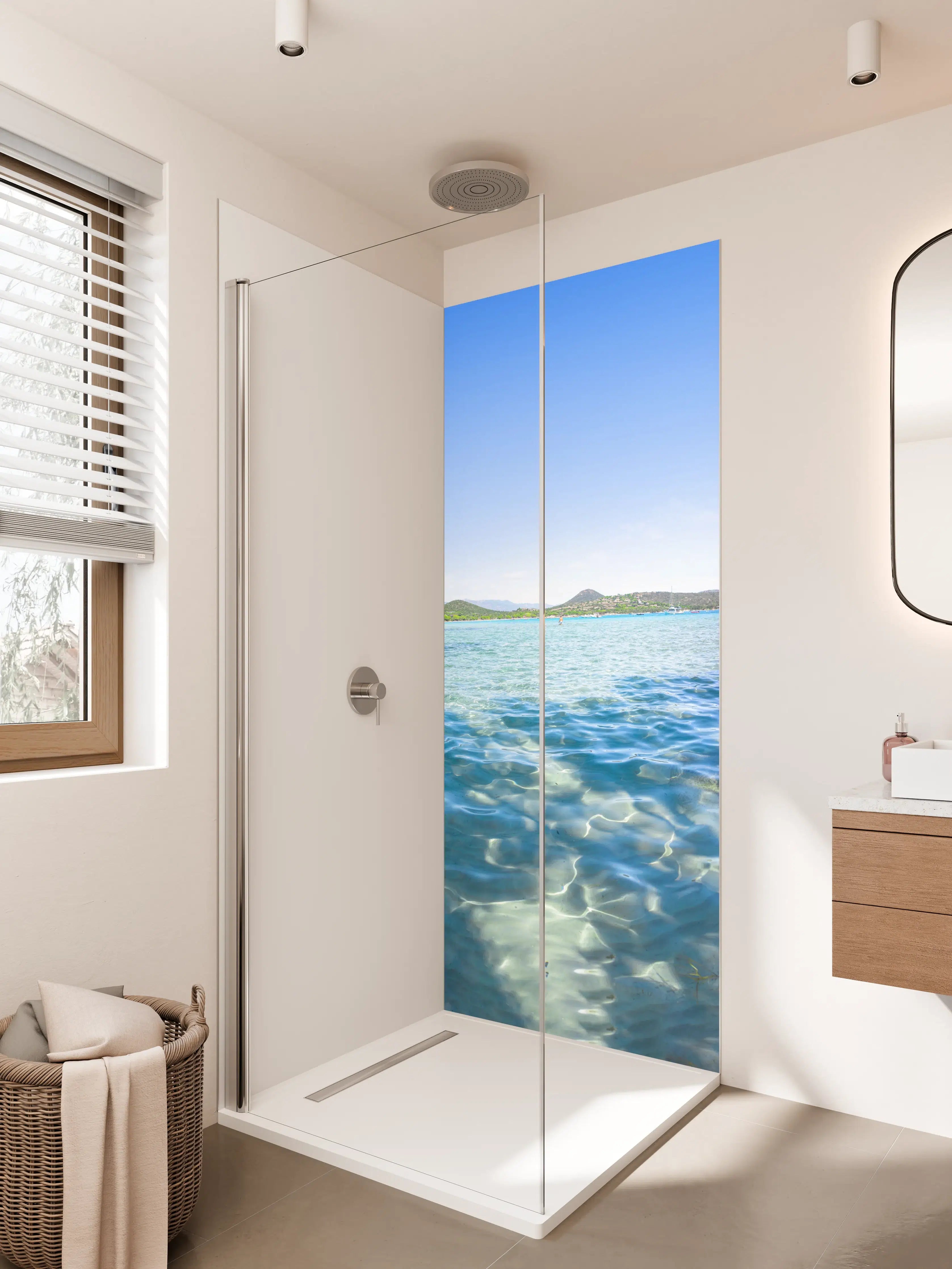 Duschrückwand - Blauer Fluss mit Felsen und grünen Bäumen