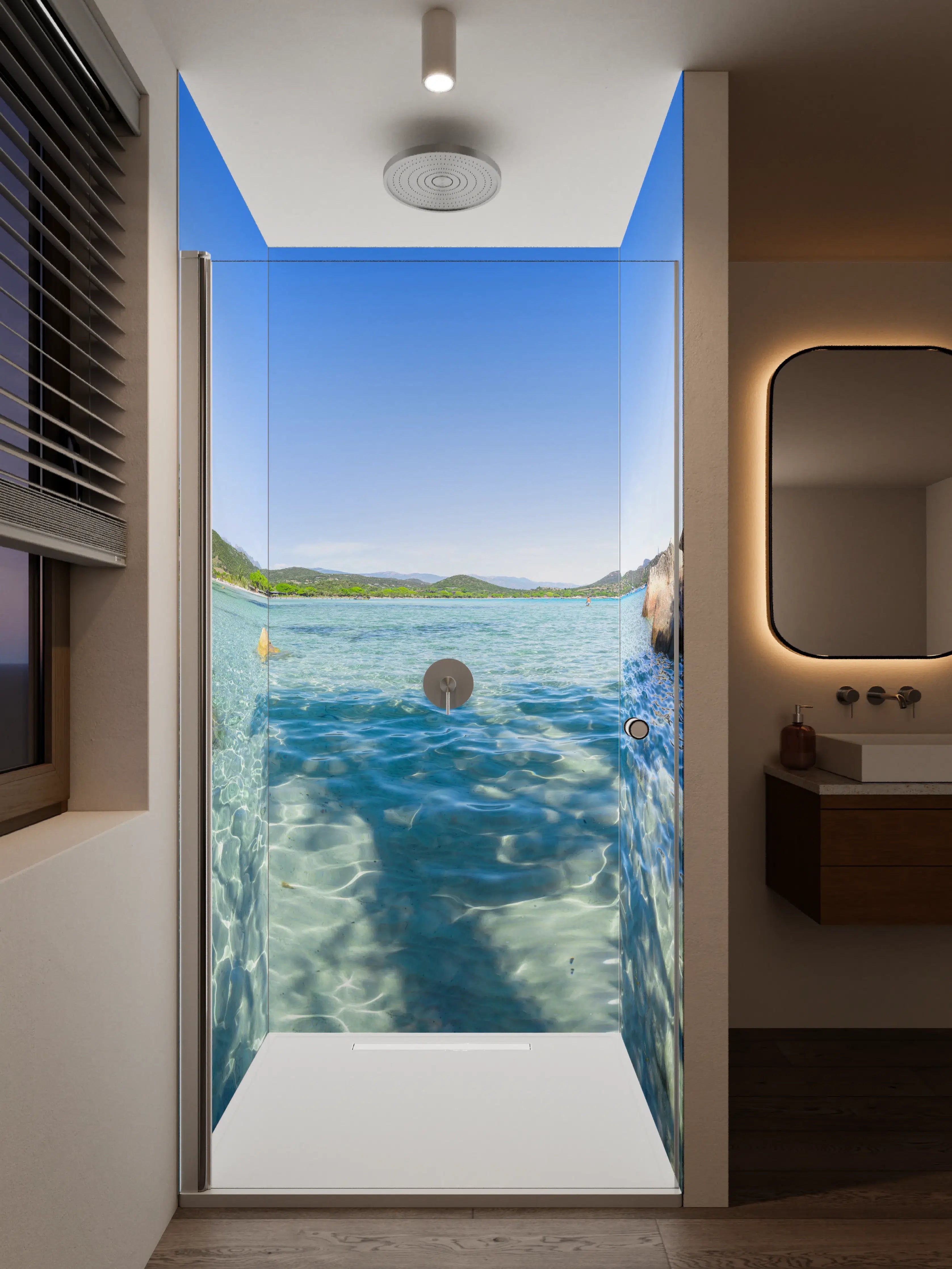 Duschrückwand - Blauer Fluss mit Felsen und grünen Bäumen