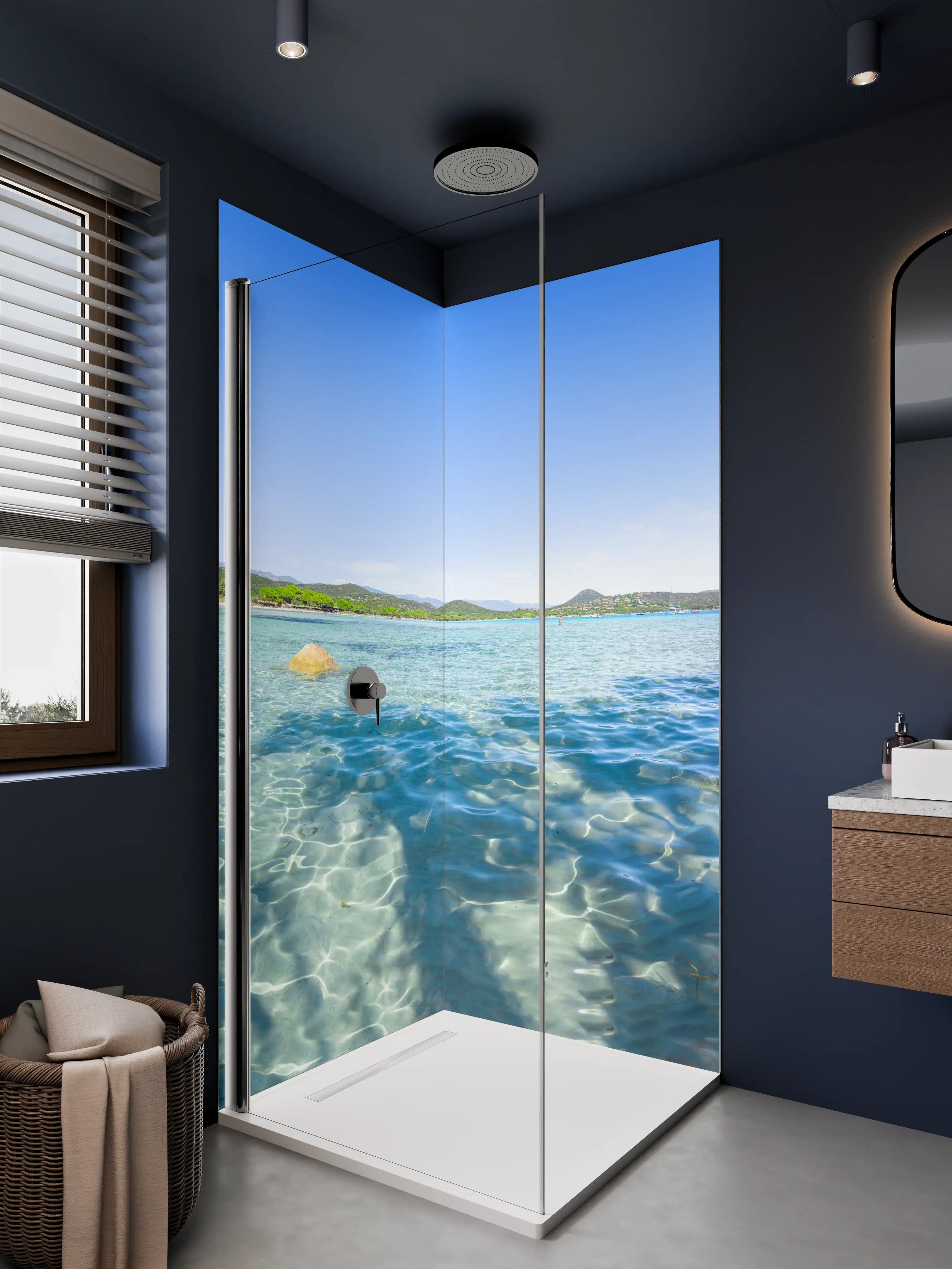 Duschrückwand - Blauer Fluss mit Felsen und grünen Bäumen