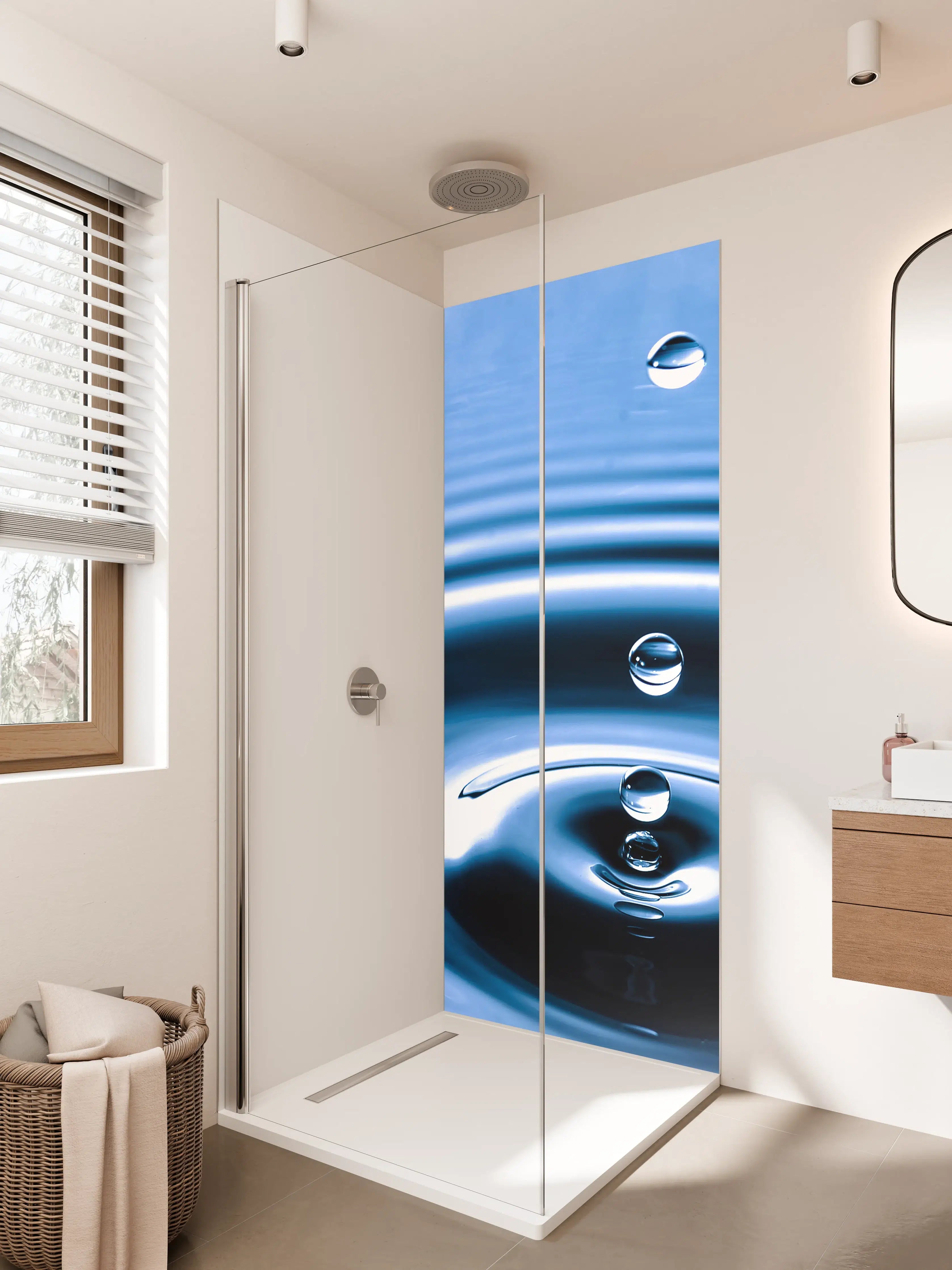 Duschrückwand - Blauer Wassertropfen mit Kreisen