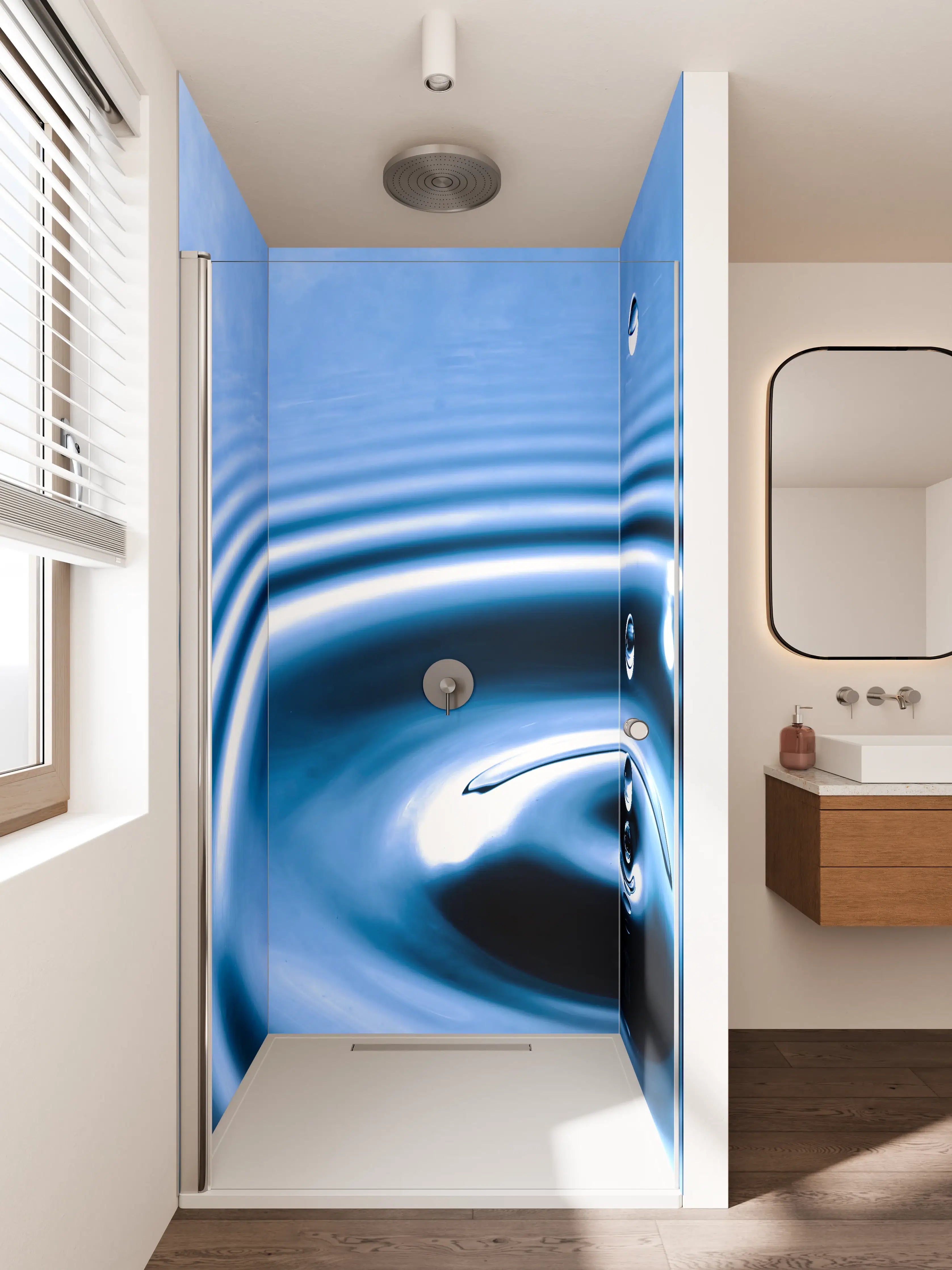 Duschrückwand - Blauer Wassertropfen mit Kreisen