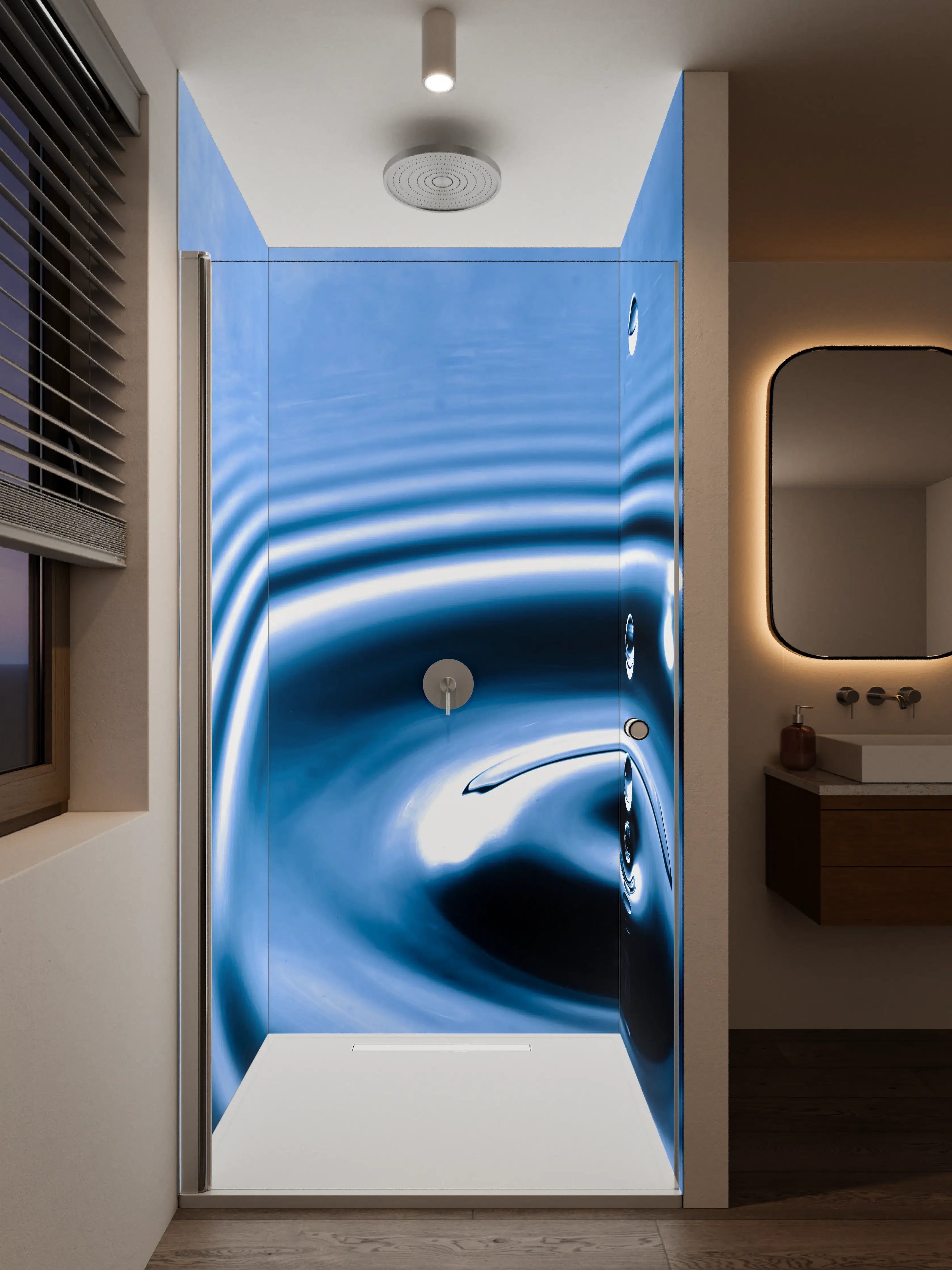 Duschrückwand - Blauer Wassertropfen mit Kreisen