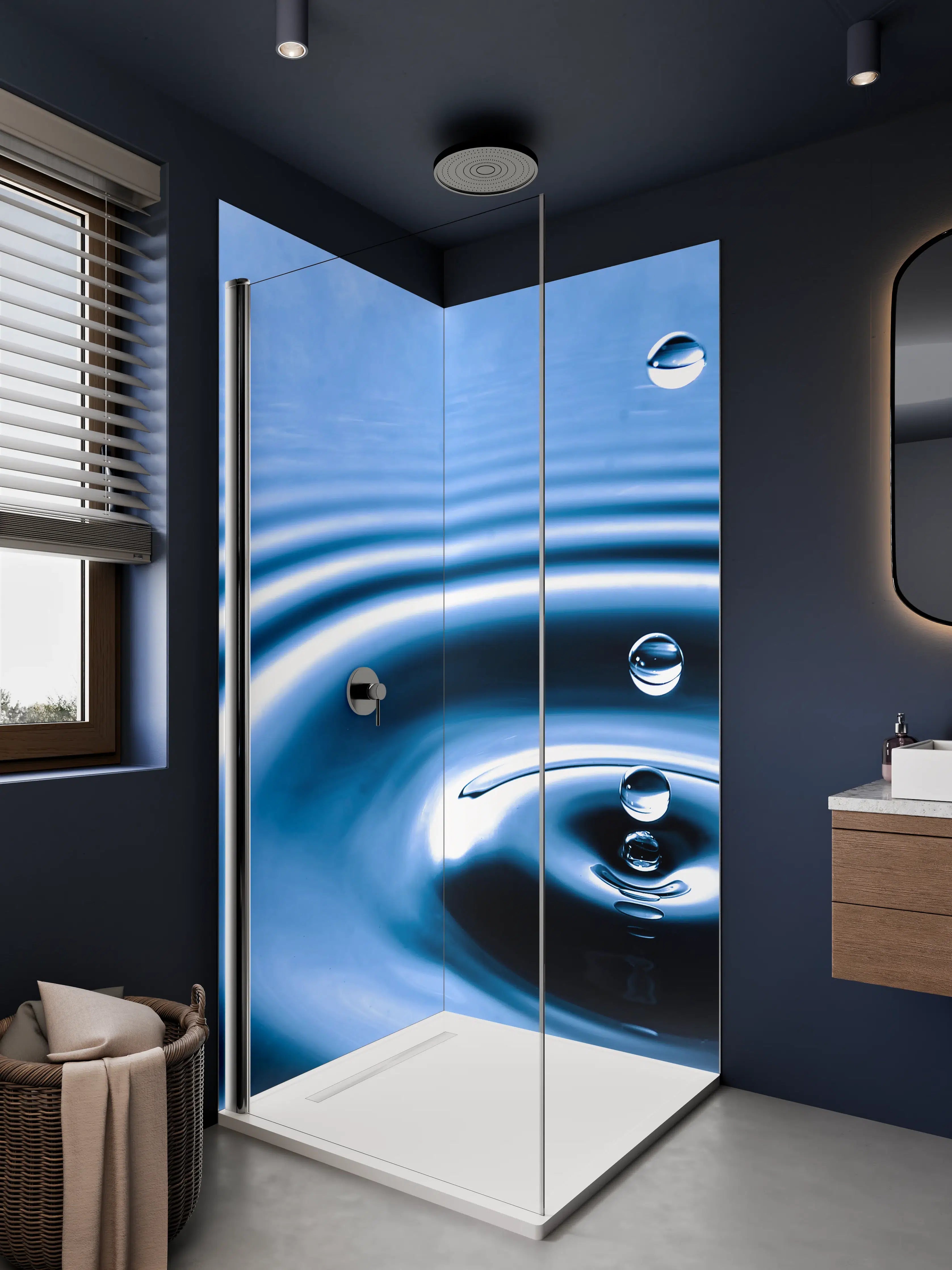 Duschrückwand - Blauer Wassertropfen mit Kreisen