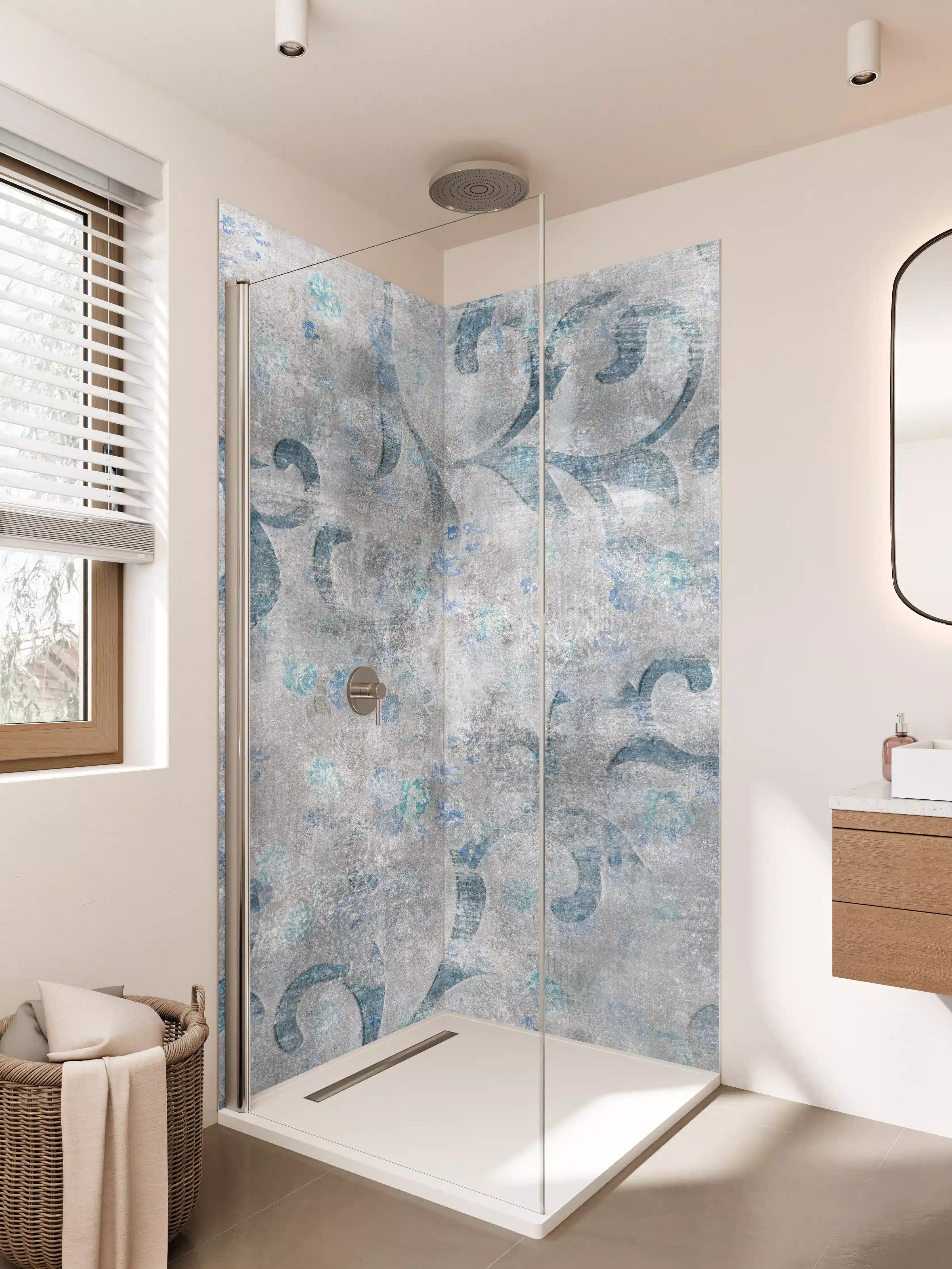 Duschrückwand - Blaues Blätter Muster - Zement