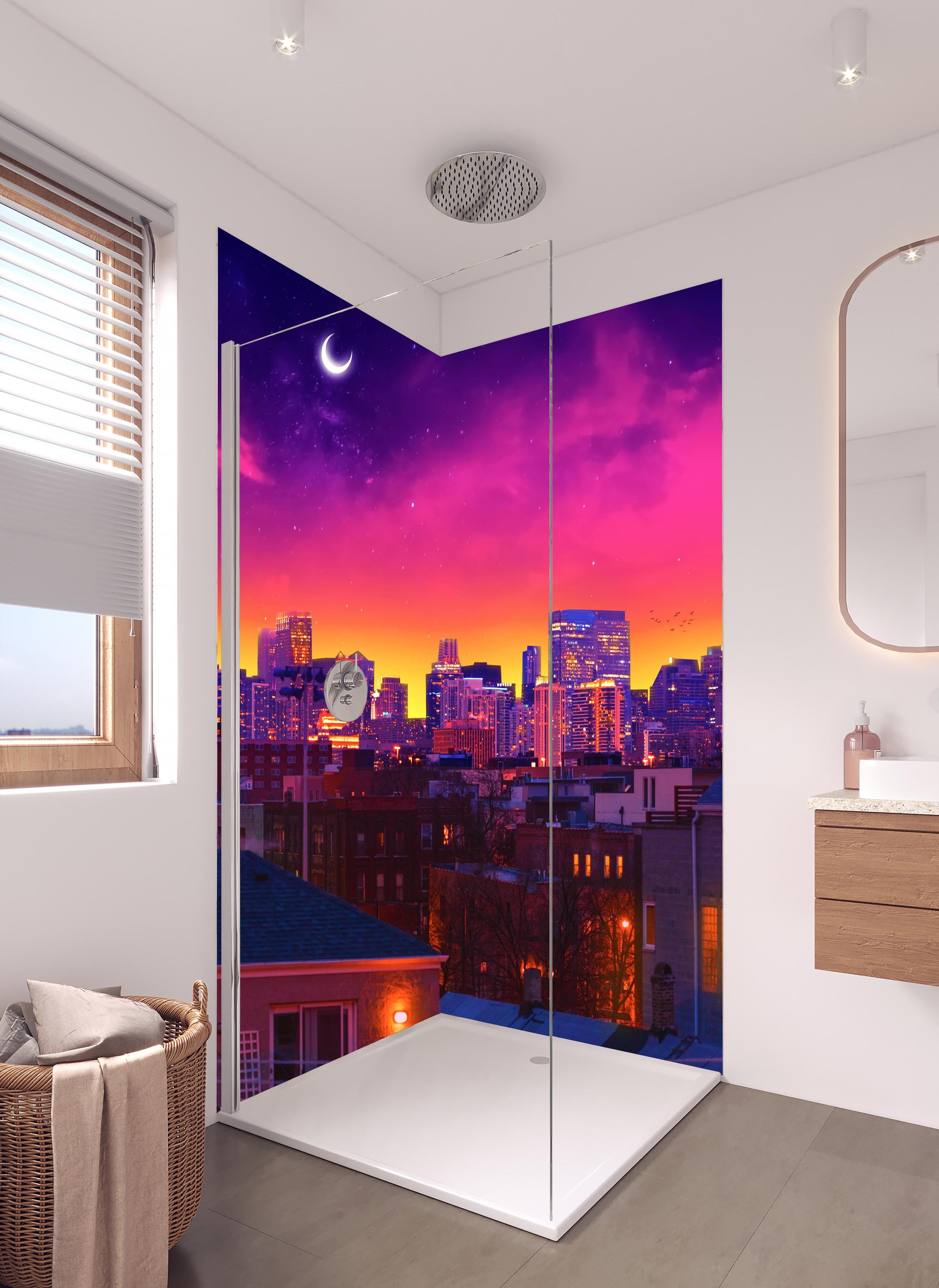 Duschrückwand - Blaues Marokkanisches Stadtarchitektur-Poster in hellem Badezimmer mit Regenduschkopf - zweiteilige Eck-Duschrückwand