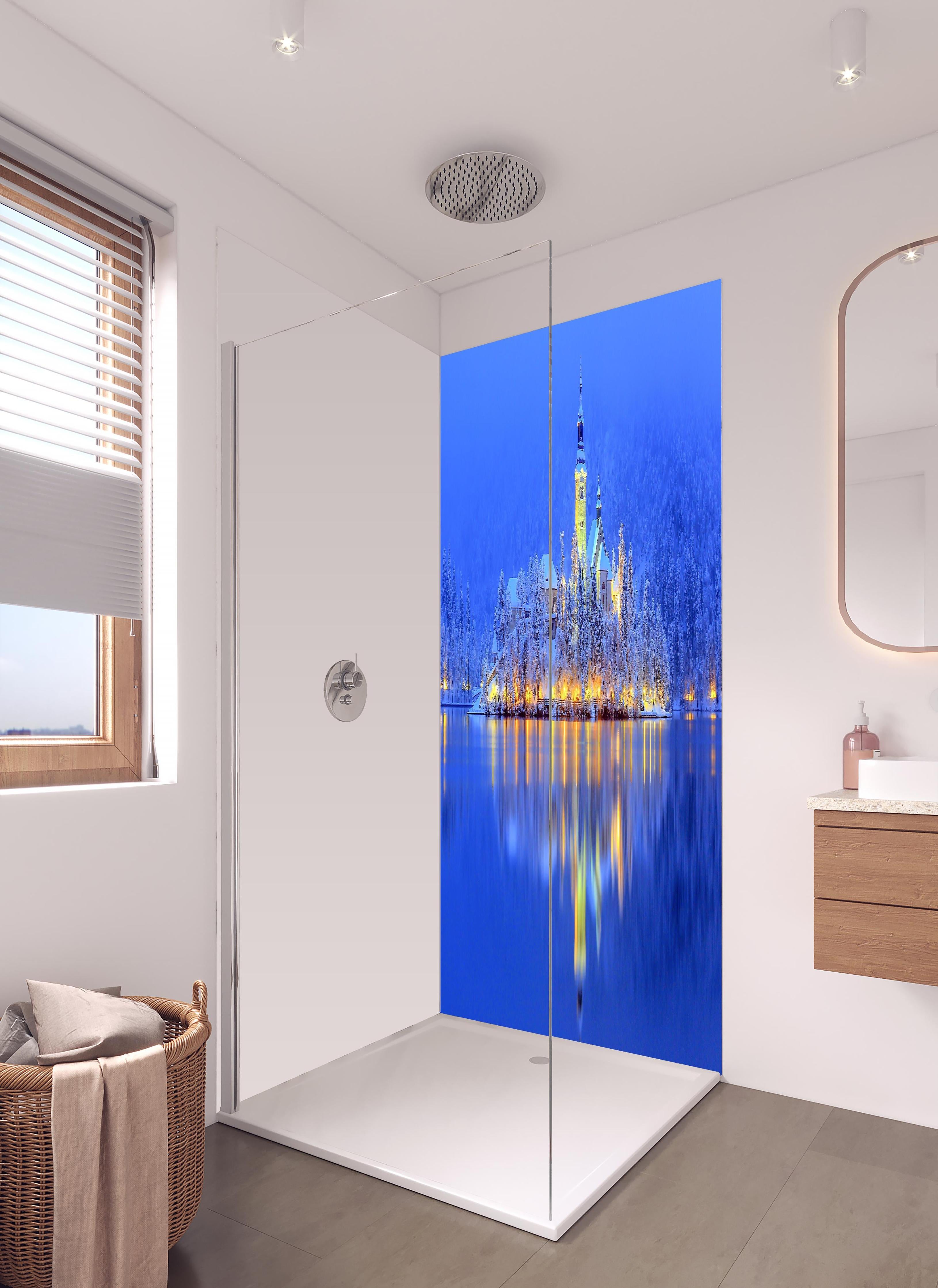 Duschrückwand - Bled Island in hellem Badezimmer mit Regenduschkopf - zweiteilige Eck-Duschrückwand