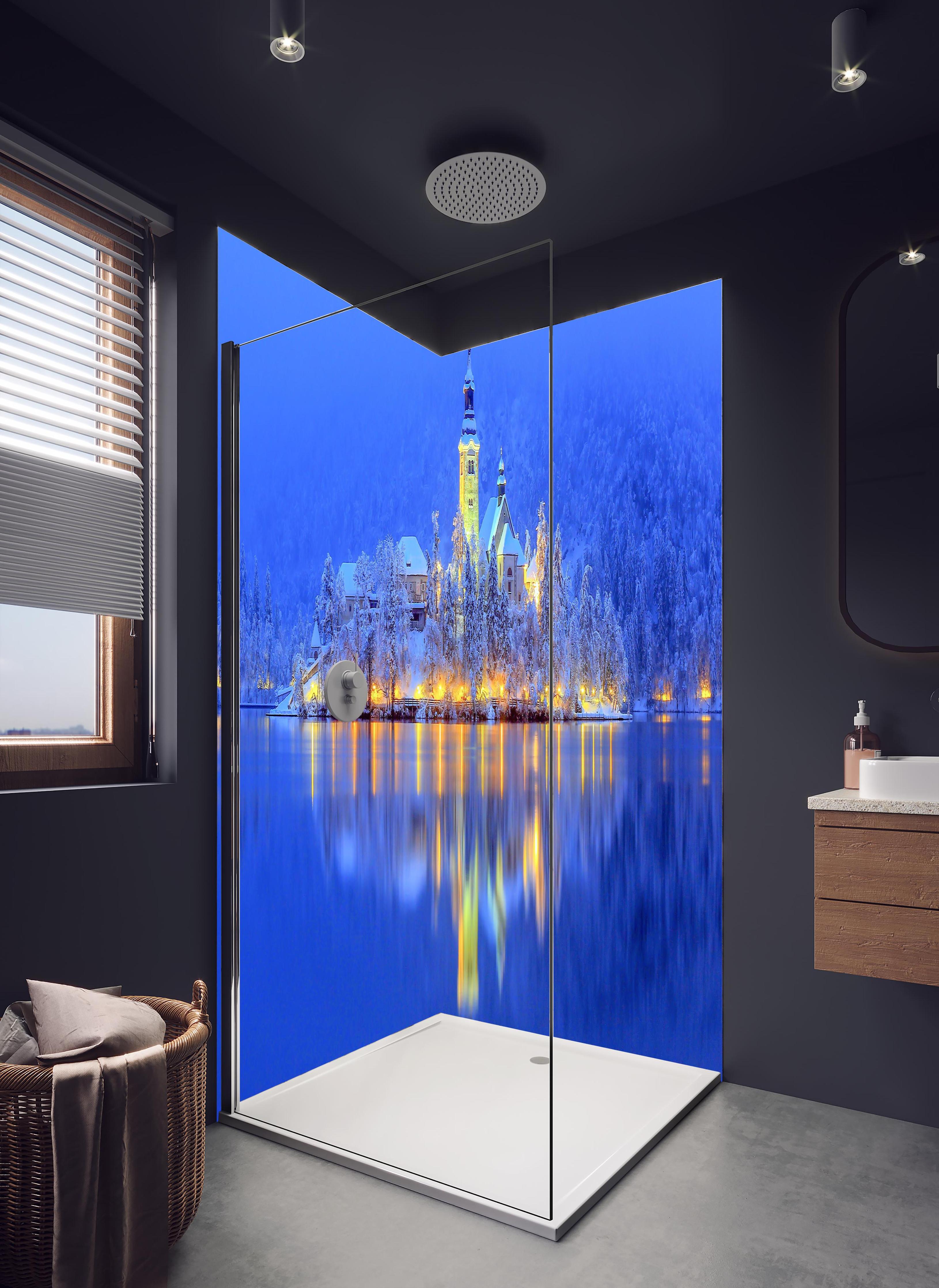 Duschrückwand - Bled Island in hellem Badezimmer mit Regenduschkopf - zweiteilige Eck-Duschrückwand