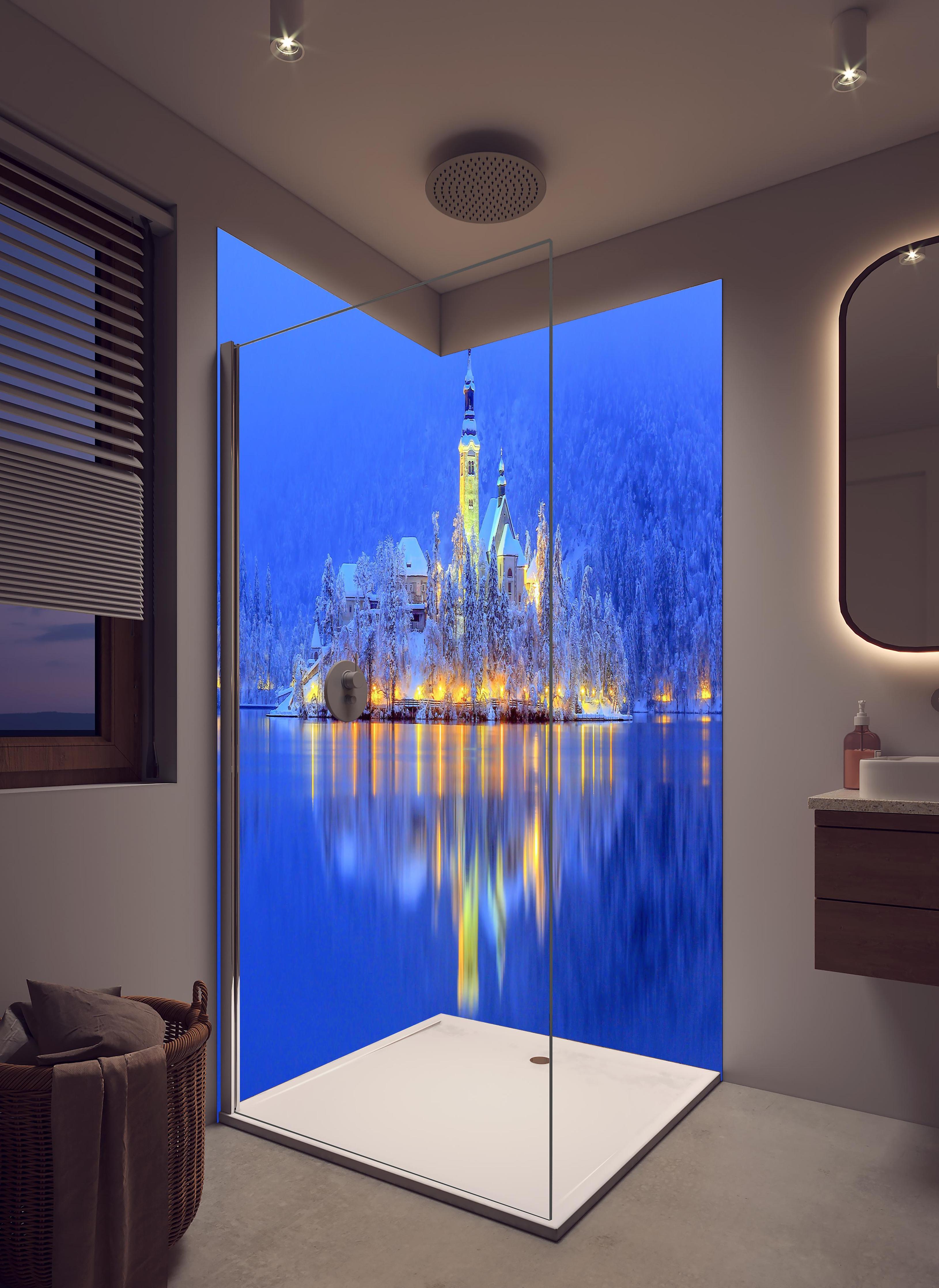 Duschrückwand - Bled Island in hellem Badezimmer mit Regenduschkopf - zweiteilige Eck-Duschrückwand