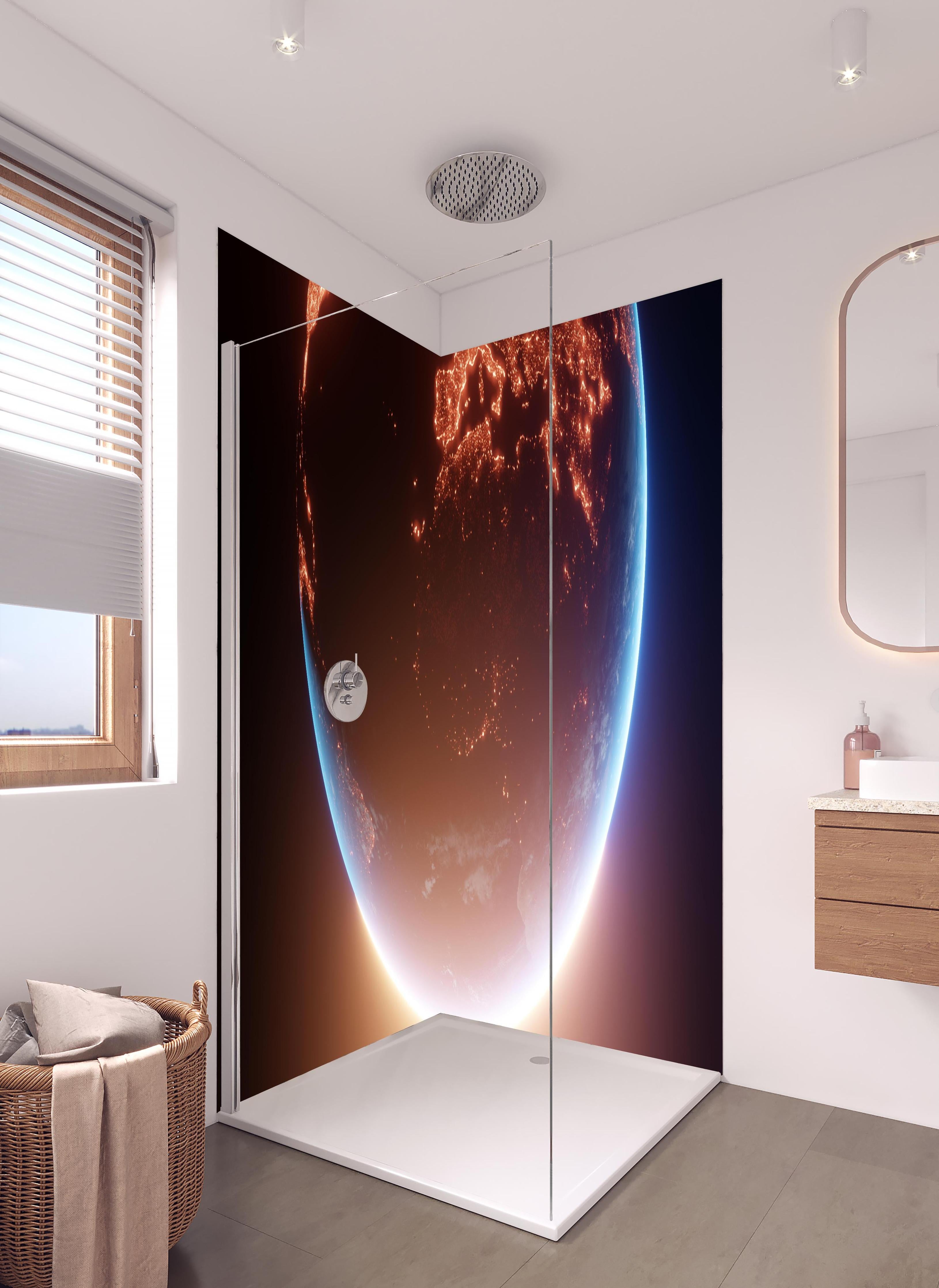 Duschrückwand - Blick auf Planeten in hellem Badezimmer mit Regenduschkopf - zweiteilige Eck-Duschrückwand