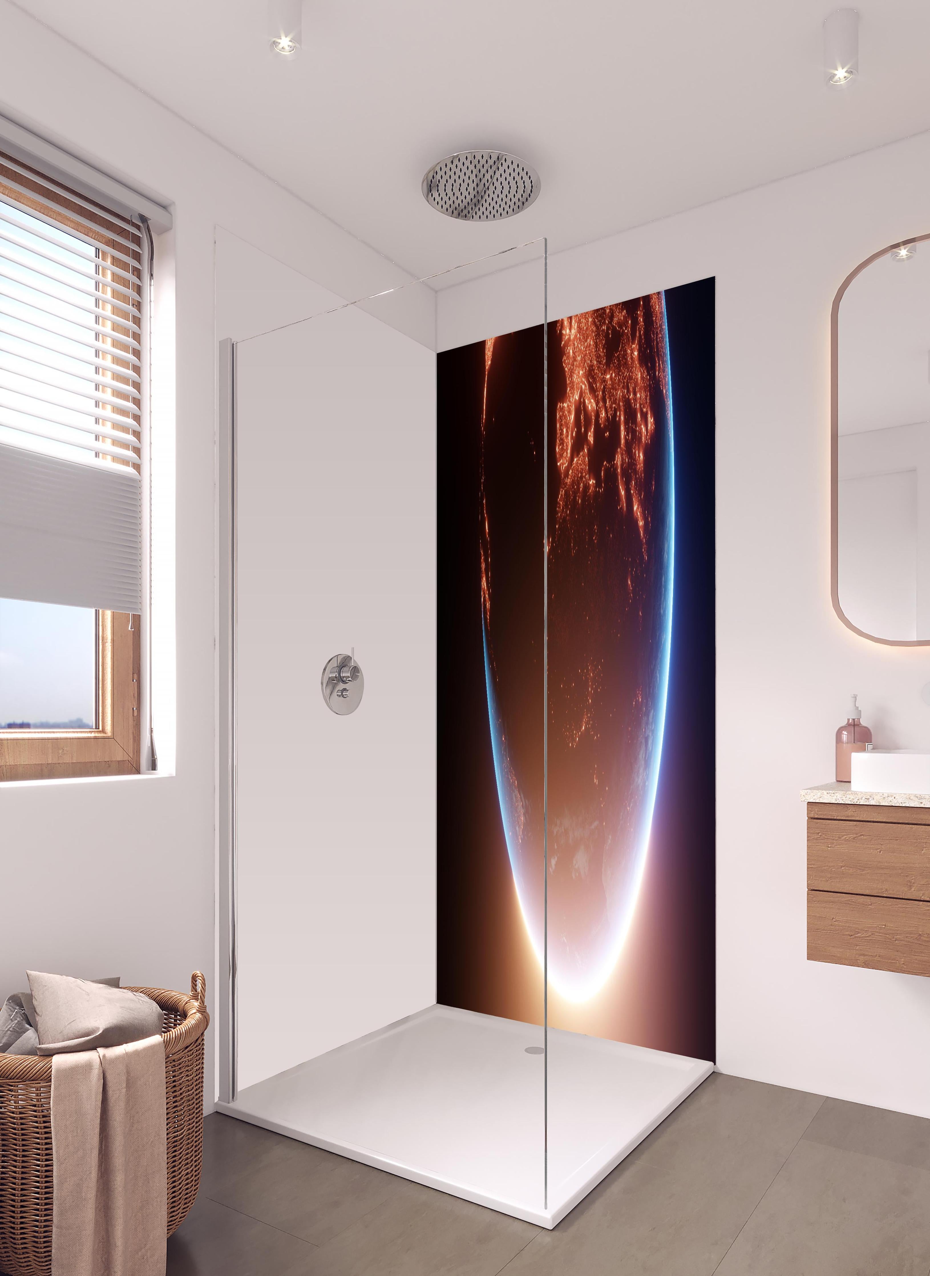 Duschrückwand - Blick auf Planeten in hellem Badezimmer mit Regenduschkopf - zweiteilige Eck-Duschrückwand