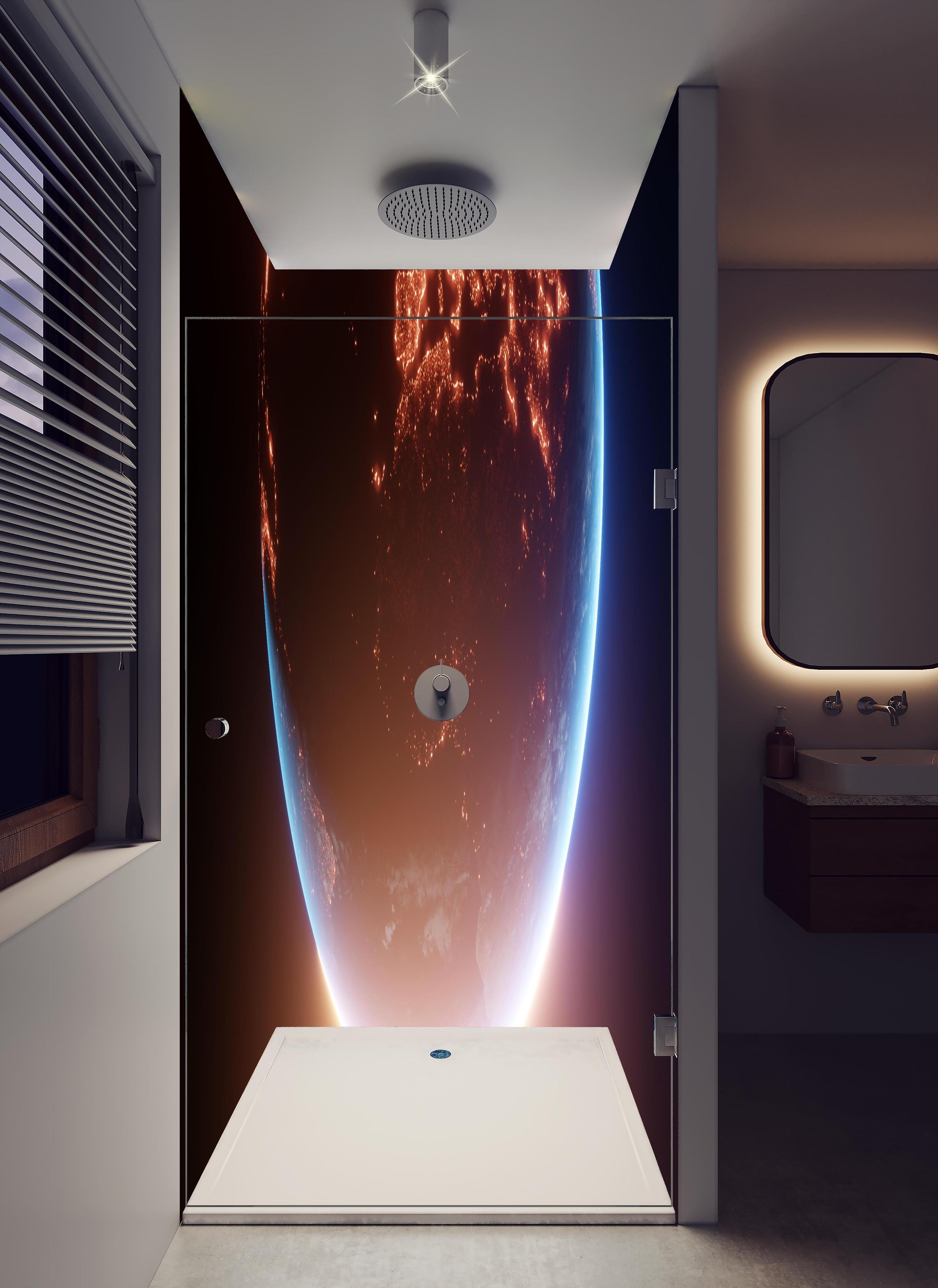 Duschrückwand - Blick auf Planeten in hellem Badezimmer mit Regenduschkopf - zweiteilige Eck-Duschrückwand