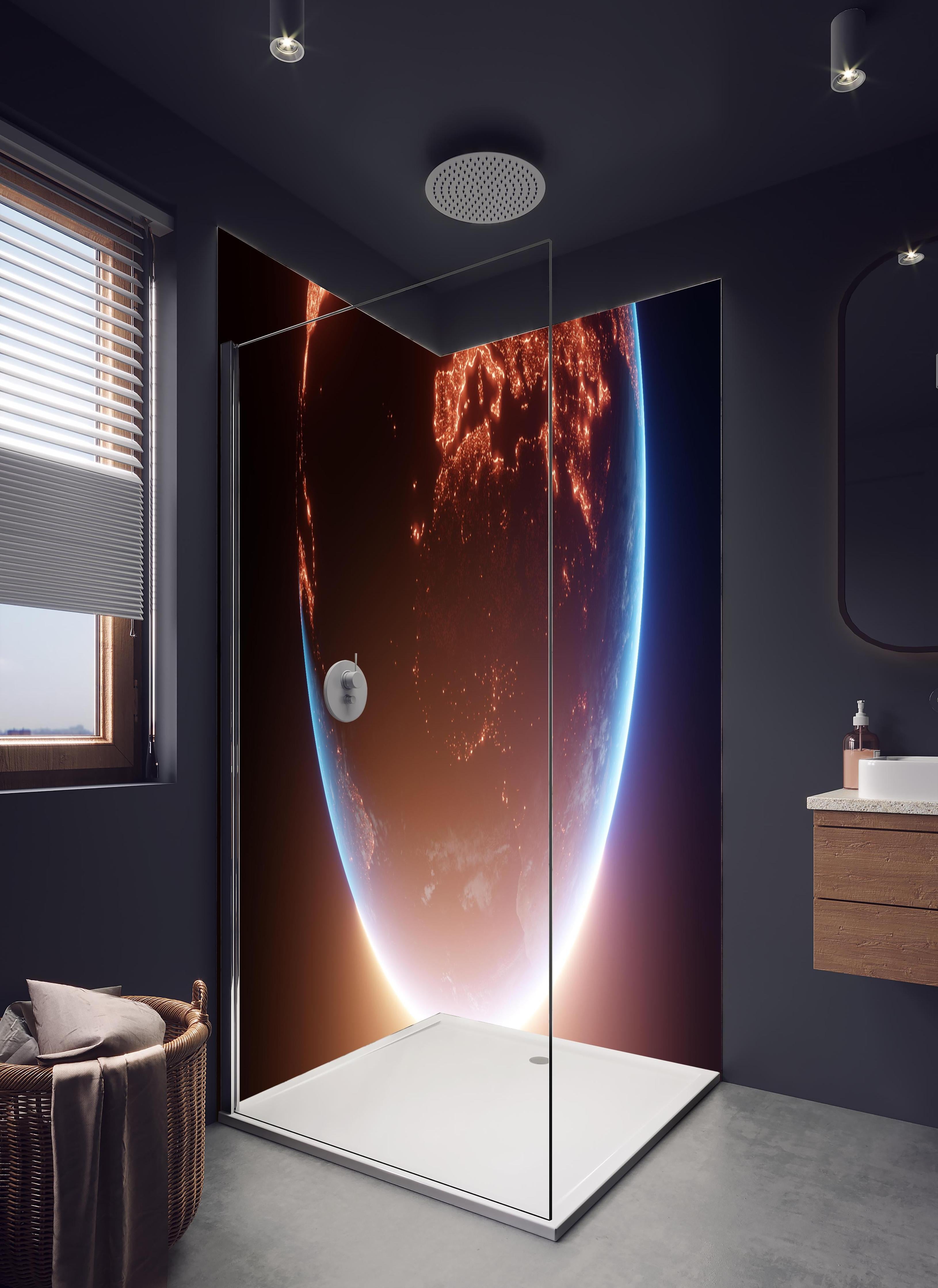 Duschrückwand - Blick auf Planeten in hellem Badezimmer mit Regenduschkopf - zweiteilige Eck-Duschrückwand