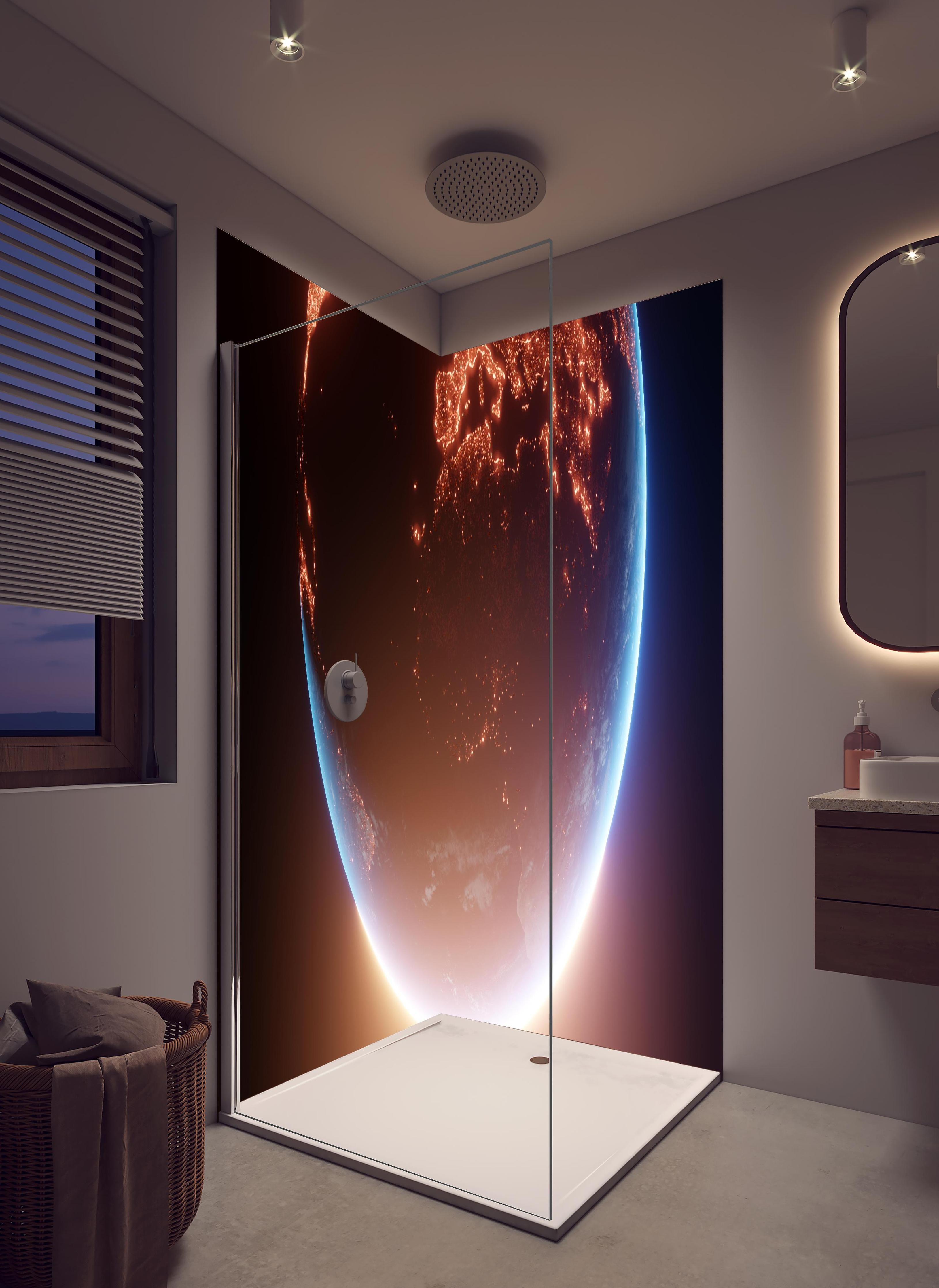 Duschrückwand - Blick auf Planeten in hellem Badezimmer mit Regenduschkopf - zweiteilige Eck-Duschrückwand