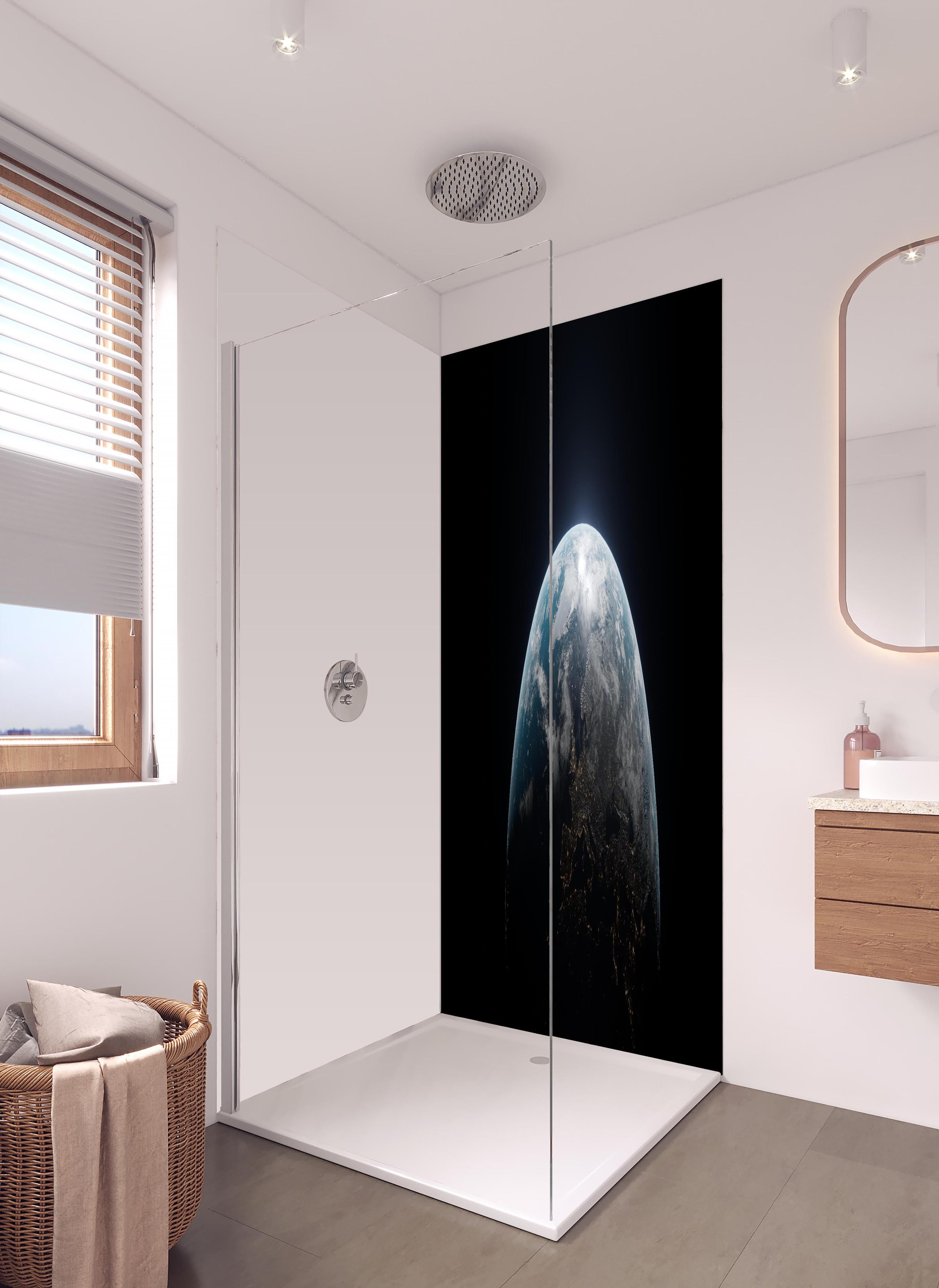 Duschrückwand - Blick auf die Erde in hellem Badezimmer mit Regenduschkopf - zweiteilige Eck-Duschrückwand