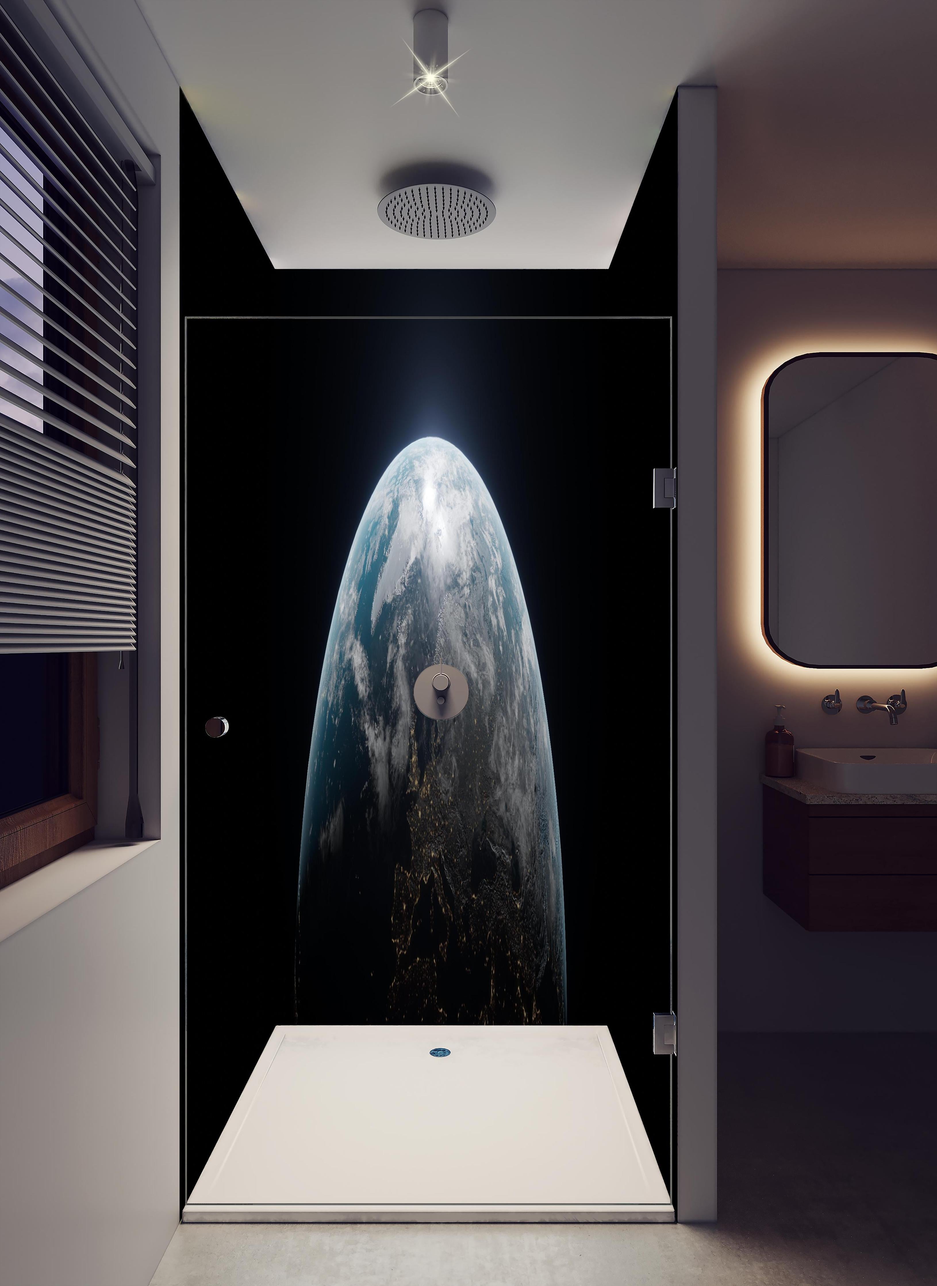 Duschrückwand - Blick auf die Erde in hellem Badezimmer mit Regenduschkopf - zweiteilige Eck-Duschrückwand